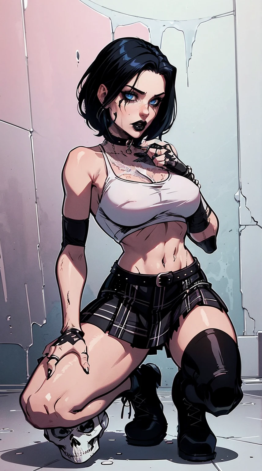 a woman with short black hair, hair on shoulders, wearing a black cropped and plaid skirt, blue eyes, zombie art, gothic art, cute aesthetic with vibe, toon aesthetic, wearing red costume, wearing gothic accessories, look like Cassie Hack, whole body, on his knees ,on his knees holding a skull in his hand, white background