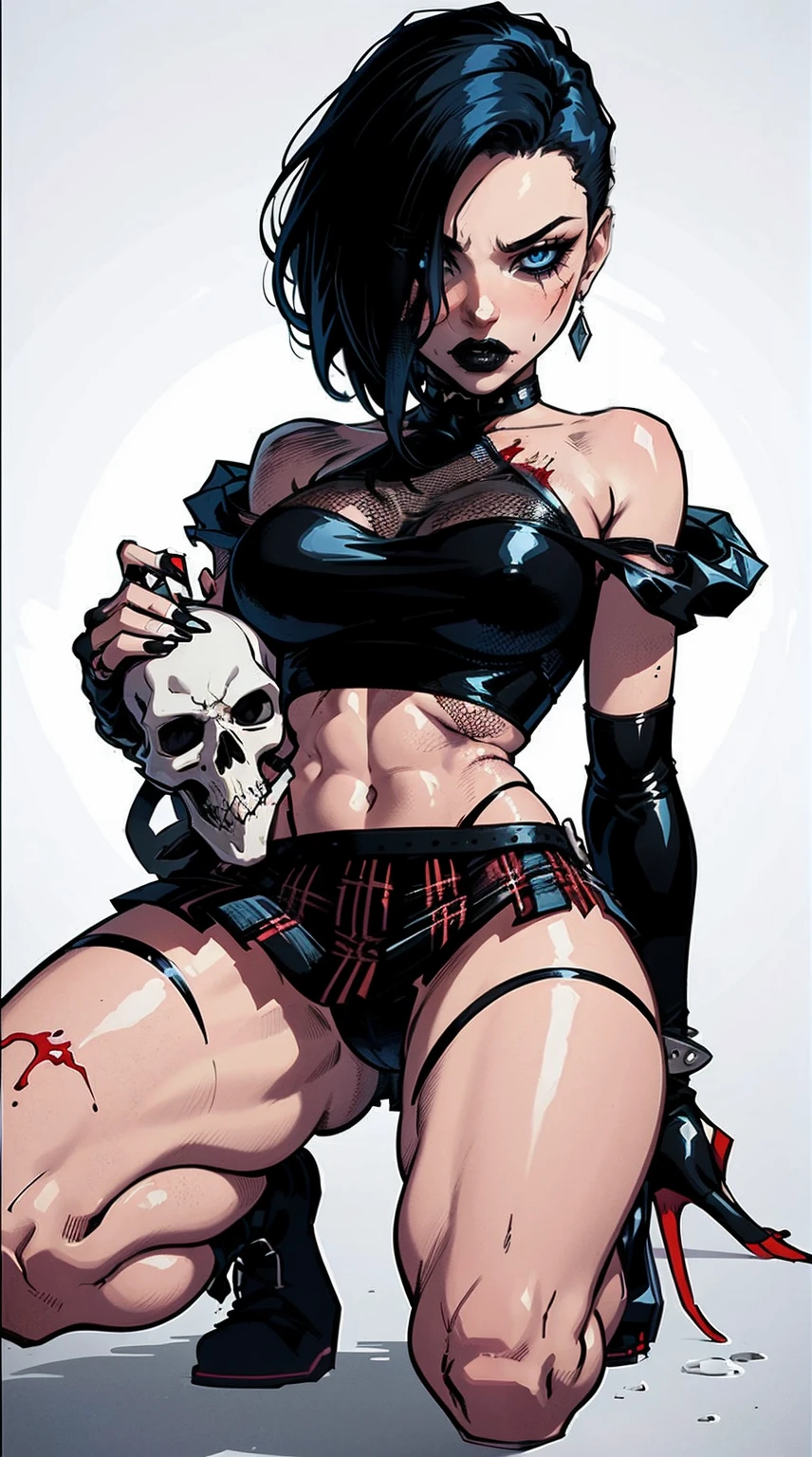 a woman with short black hair, hair on shoulders,  wearing a black cropped  and plaid skirt, blue eyes, zombie art, gothic art, cute aesthetic with vibe, toon aesthetic, wearing red costume, wearing gothic accessories, look like Cassie Hack, whole body, on his knees  ,on his knees holding a skull in his hand, white background