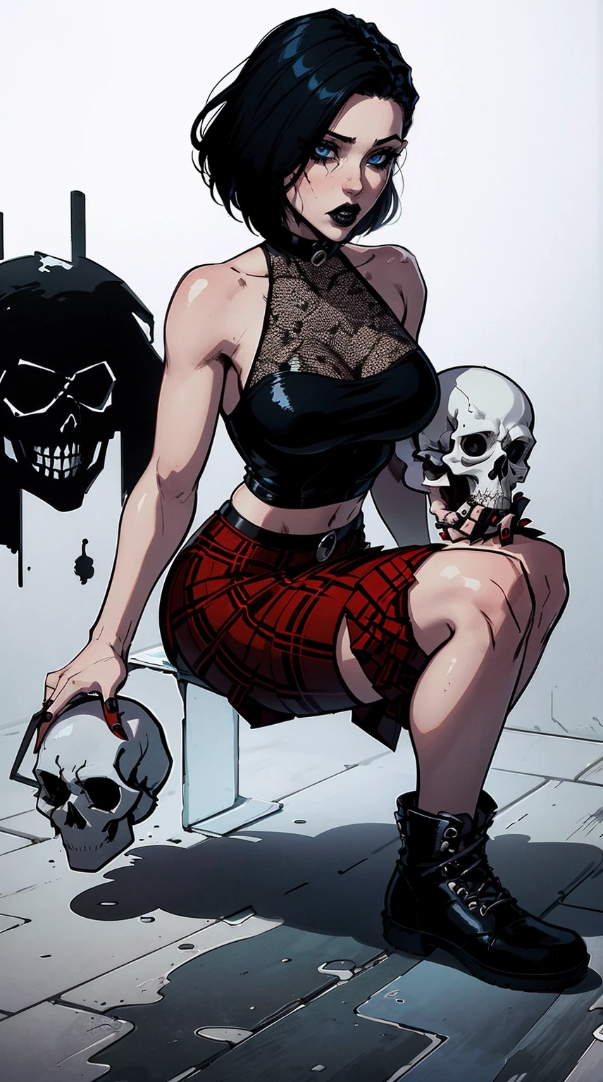 a woman with short black hair, hair on shoulders,  wearing a black cropped  and plaid skirt, blue eyes, zombie art, gothic art, cute aesthetic with vibe, toon aesthetic, wearing red costume, wearing gothic accessories, look like Cassie Hack, whole body, on his knees  ,on his knees holding a skull in his hand, white background