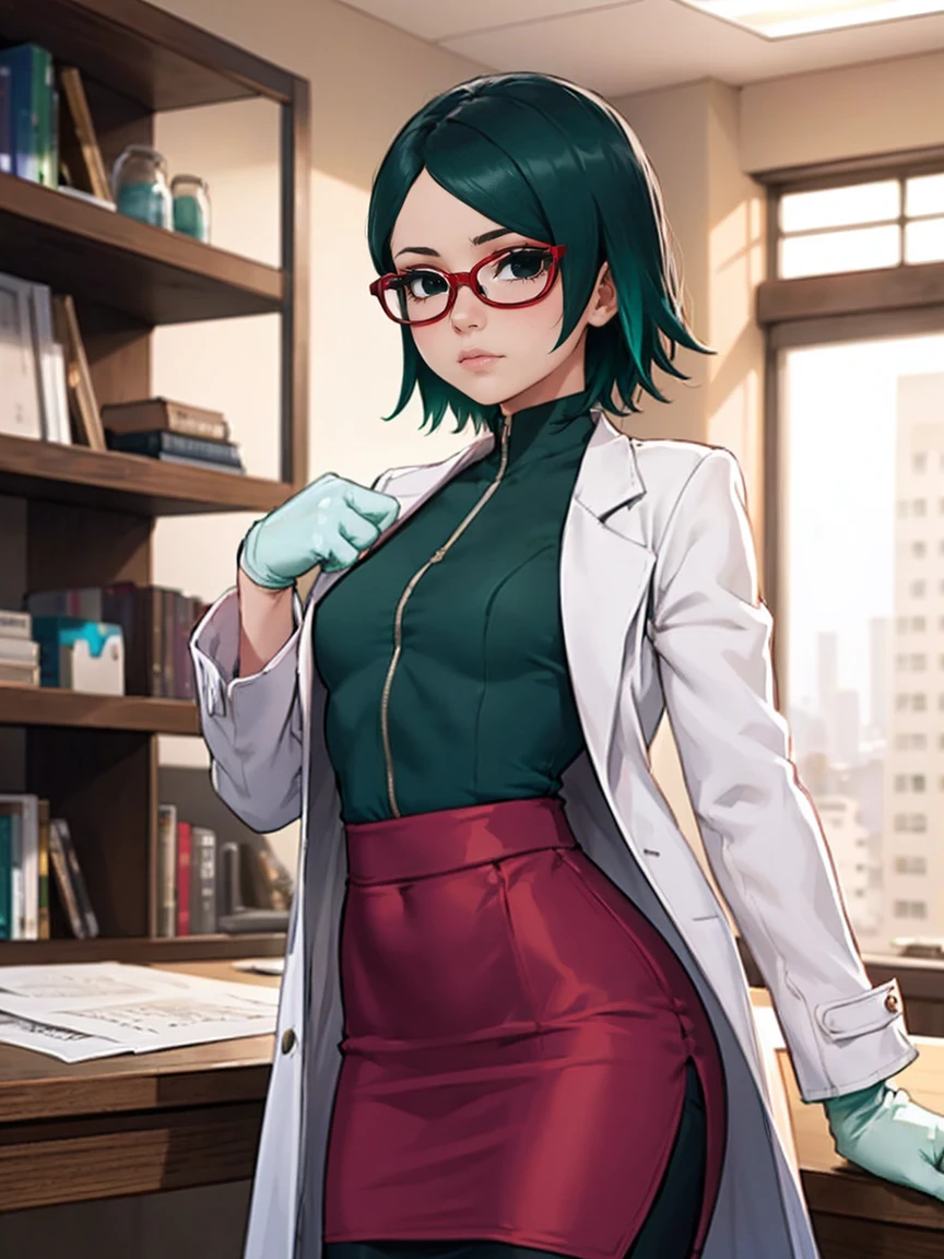 ((Sarada Uchiha with short hair, (black eyes) and red glasses)). (((She is wearing a white coat, (dark turquoise green wool blouse), and (black satin pencil skirt), small))). ((She is in a doctor's office with shelves with medicines and a table with documents)). (She has a stethoscope). Intricate details, rich colors and a sense of grandeur,  adorned and characterized by complex details, with rich colors and provides a feeling of grandeur. White gloves. posing for a photo