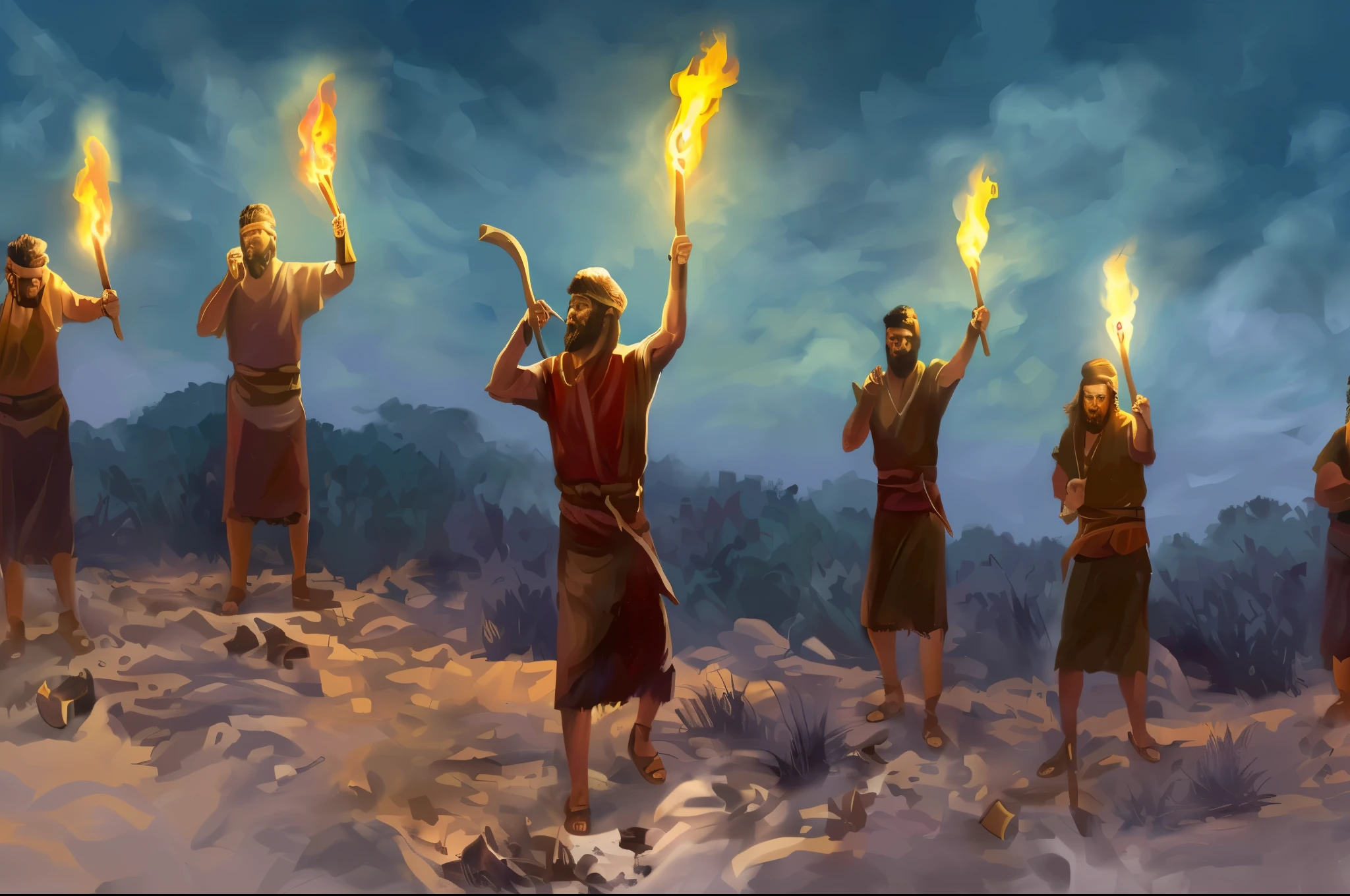 there are many people standing on a hill holding tochas, flaming tochas and pitchforks, tochas in ground, small people with tochas, wall tochas, tochas, festa de aventura, a tocha que todos devemos segurar, tocha - acesa, holy fire spell art, bible illustration, empunhando fogo, lanternas, arte de fundo, Rob Rey, iluminado por tochas