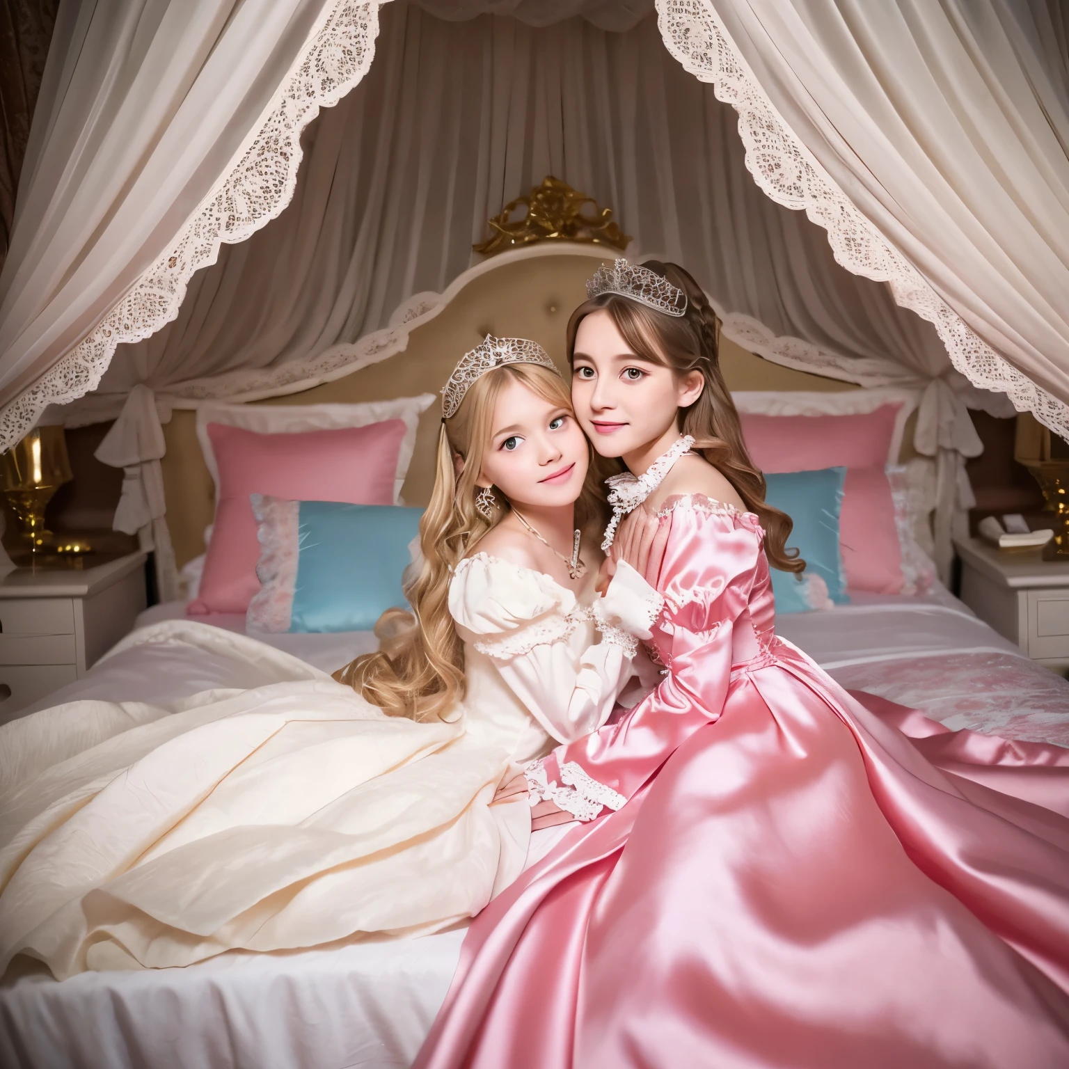 ,highest quality, masterpiece, highest resolution, artwork, super それにget used to it, many get used to it, get used to it, それにget used to it, 3K realistic photos,,((10 year old girl)),Super detailed baby face,the two girls are princesses,Full length ball gown dress with hoop skirt,ruffle yoke collar,puff sleeves,long sleeve,((Lolita style hot pink detailed princess satin dress、Comes with lots of frills and ribbons。)),colorful rococo fashion,shiny satin dress,Soft and smooth fabric,luxury,long blonde hair,blue eyes,white skin european,pajamas,((inside the palace)),,,(( of 10 years old)),Super detailed baby face,Full length ball gown dress with hoop skirt,long skirt,ruffle yoke collar,puff sleeves,腰まで伸びるlong blonde hair,blue eyes,white skin european,pajamas,((inside the palace bedroom)),シルクサテンのluxuryなcanopy bedの上,canopy bed,Luxurious curtains on both sides of the bed,many frilly pillows on the bed,super detailed background,Detailed bed,romantic atmosphere,two little princesses on the bed,((((Both legs are hidden in the dress)))),the dress is spread out on the bed,Soft silk satin comforter in pastel colors,pastel colored silk satin bed sheets,Soft silk satin ruffled pillow in pastel colors,Beautiful girl illustration,detailed beautiful face detailed hair,detailed human eye ,detailed mouth, arm details,fine hands,Detailed pillow,