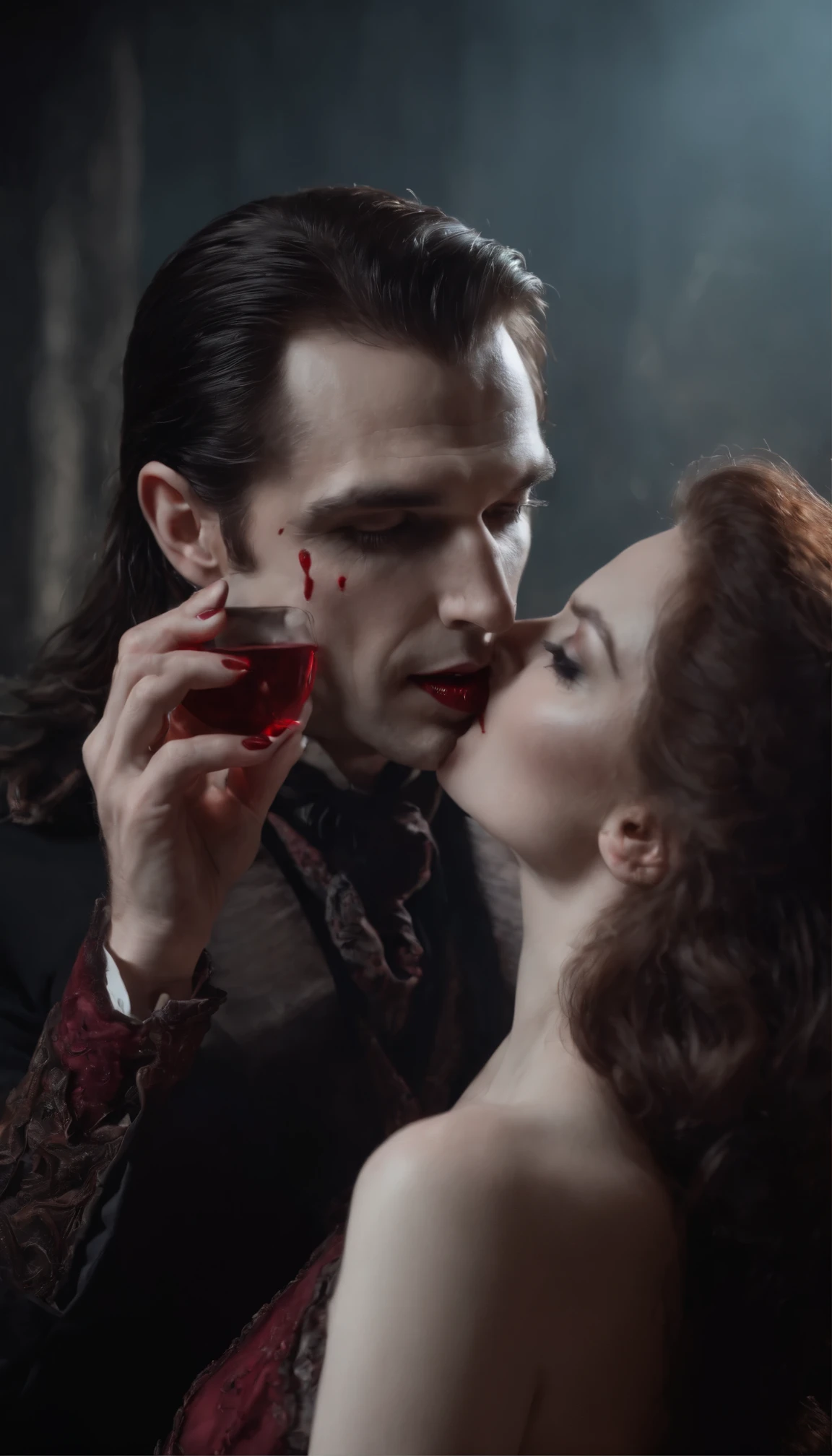 vampire man drinking blood from neck of naked countess, pale skin,，Full body photo，cowboy lens，Cinematic lighting effects