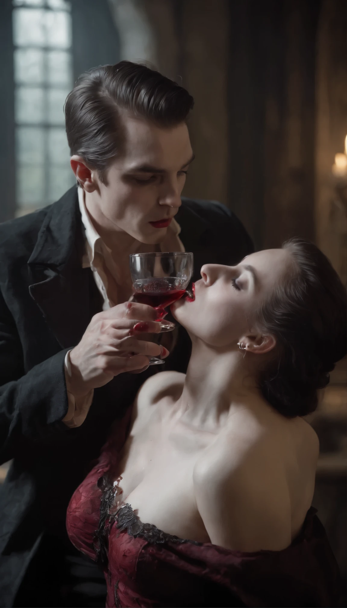 vampire man drinking blood from neck of naked countess, pale skin,，Full body photo，cowboy lens，Cinematic lighting effects