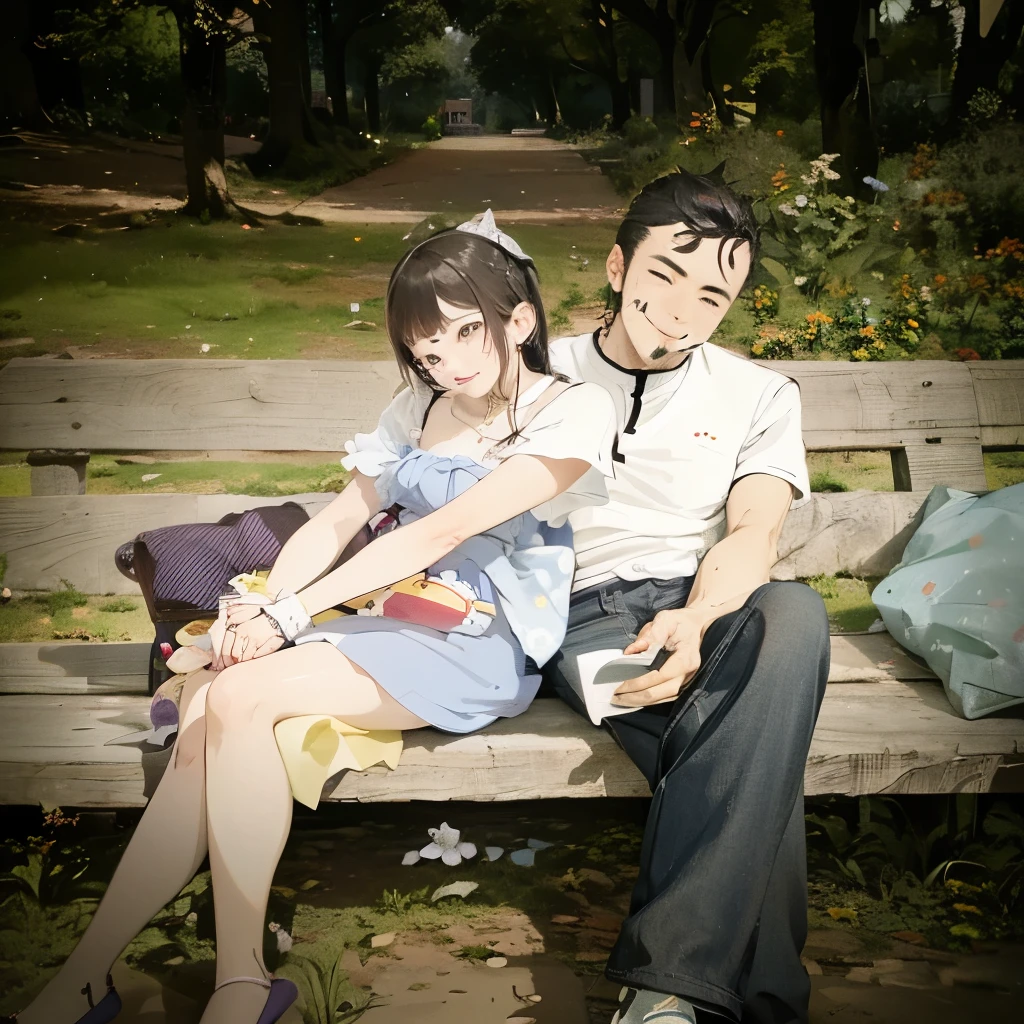 there is a man and woman sitting on a bench together, with her long, lovely couple, couple pose, couple, in a park, scandy and arender, at a park, in love, happy couple, in the park, comming, wining, with lovely look, with wart, in garden, scenary, real ungine, potrait