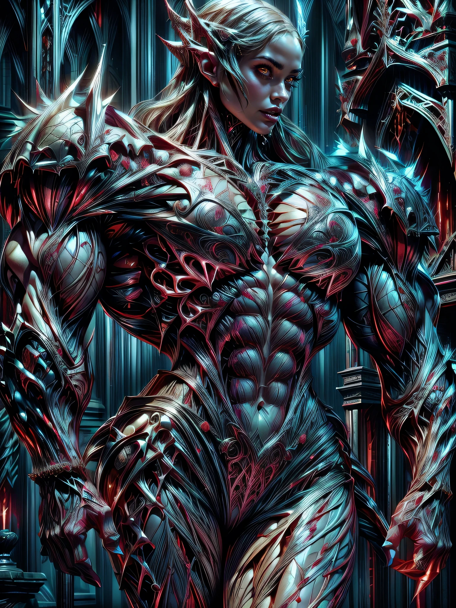 (1 girl), (megan fox:1.25), (pure white skin:1.25), Beautiful vampire girl dressed in ornate medieval vampiric full body armor, (extreme muscular definition:1.5), (vampiric body armor:1.25), (huge muscular arms:1.5,) (10-pack abs:1.4), (lots of veins:1.25), Ultra Realistic, Very detailed face and eyes, a true masterpiece, with an atmosphere of horror, gothica, blood, haunted cathedrals