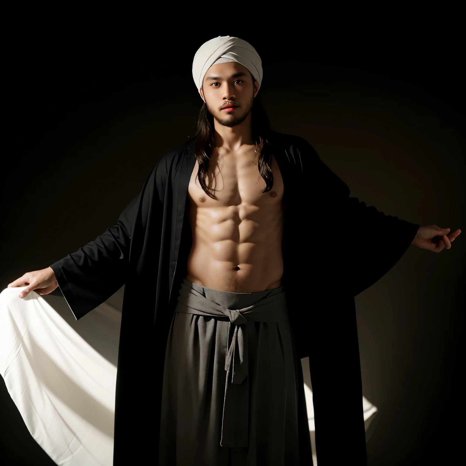 A young Indonesian ulama, age 25, dons a robe and turban, boasts long hair, holds a slight potbelly, sports a friendly face, poses in a photo studio with a black background glowing with white light.