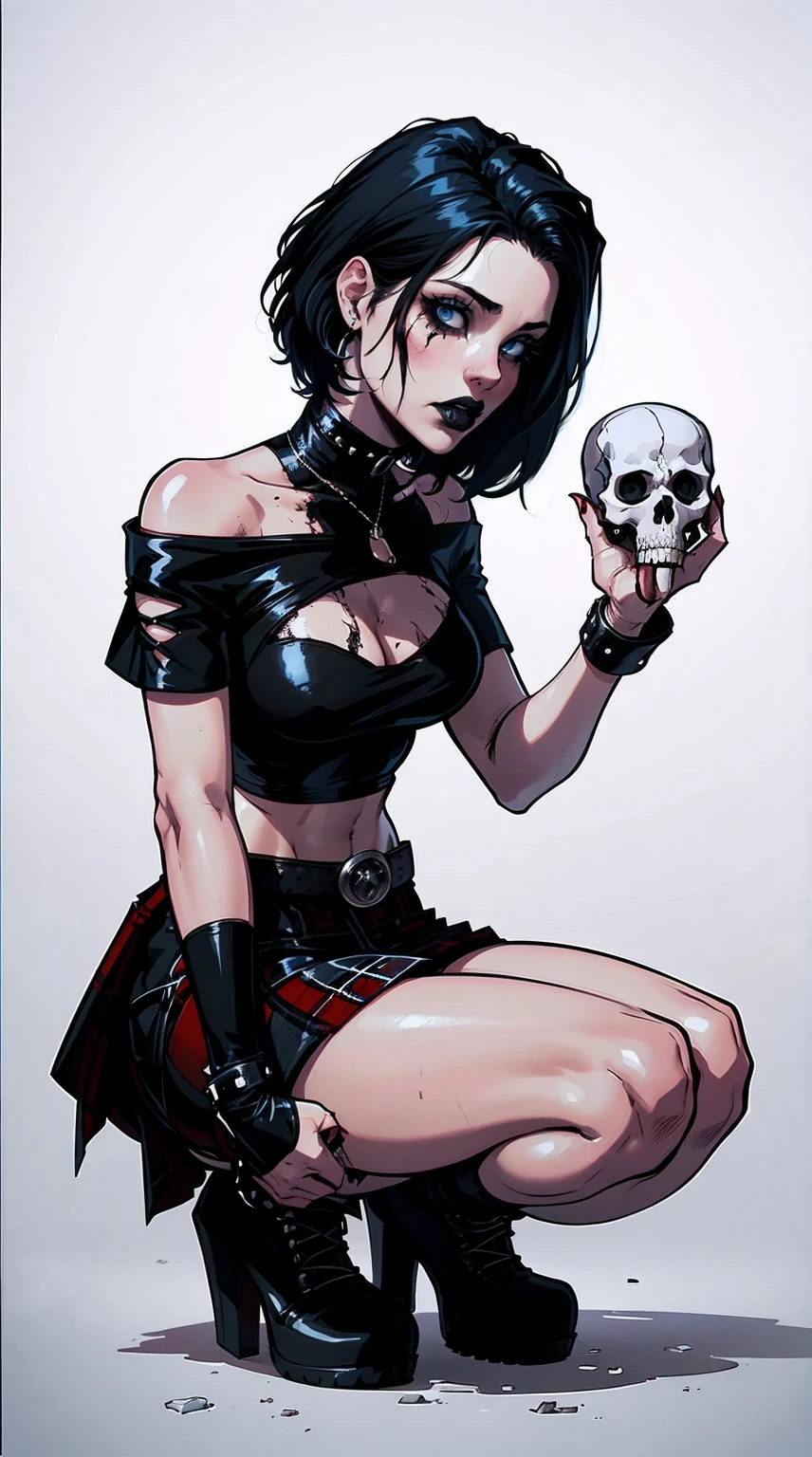 score_9, score_8_up, score_7_up, score_6_up, score_5_up, score_4_up, highest_quality, masterpiece, 1girl, black hair, blue eyes, female, hourglass figure, spiky ponytail, goth, black lipstick, black crop-trop t-shirt, off-the-shoulder shirt, long-sleeve shirt, flashing breasts, shoulders visible, (skull logo on shirt), denim shorts, shorts unzipped, underbutt, black thigh-high socks, thigh-high socks, B-cup breasts, minor cleavage, in dense forest, night time, full moon, foggy, lace high rise thong, black lace bikini top under shirt, presenting cleavage, parted lips, black choker, black rose tattoo on shoulder, toned stomach, ghostly pale skin, sitting on large rock, sitting cross-legged, leaning back, simple makeup, catwing eyeliner, front view, necklace in between breasts, inverted crucifix ear piercings, red converse shoes