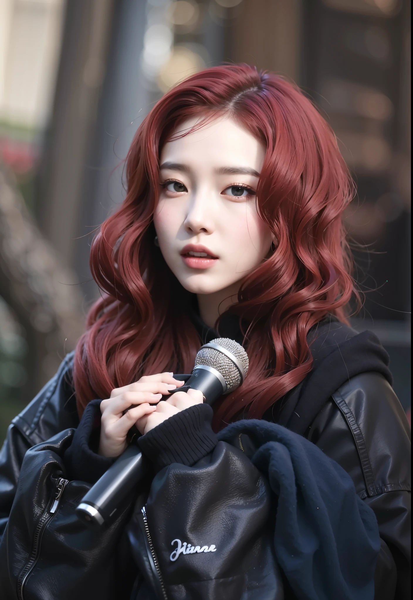 a closeup of a person holding a microphone near a tree, sol yunjoo, con pelo rojo rizado, portrait of jossi de blackpink, jossi de blackpink, ella tiene el cabello rojo, TaeJune Kim, aparcar desde-min, Con cabello rojo, heonhwa choe, artista coreano, Jinyoung Shin, inspirado en Tang Sin Yun Sandara, jaeyeon nam, Winter aespa