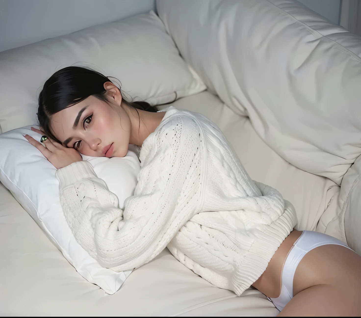 arafed woman laying on a sofa with a pillow and a pillow, em roupas brancas, posando na cama, on a sofa, wearing a white sweater, white sweater, Dua Lipa, vestindo pijama branco, wearing a sweater, wearing sweater, wearing casual sweater, modelo muito lindo, em camisa branca de gola alta, with pale skin, vestindo collant branco