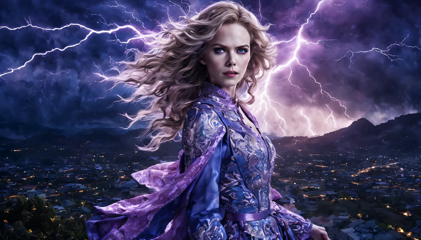 Uma jovem garota de corpo inteiro (Nicole Kidman), Zenistu, e com roupas Vermelhas e brancas, Purple and White Lightning, cabelos brancos, Purple eyes, Sky Lightning, Fio Eletroluminescente, magic sparks, enchanted magical fantasy. Peach Blossom Land, heaven, Jogo CG, Hand Painted Style, 8k, Ultra HD | |, arte digital conceitual, Azure azul e cinza,(Very detailed, A huge amount of purple lightning shot out from the girl&#39;the hand and hit the city, lightning clouds, Atmospheric lightning, Pink Lightning, with thunderstorms, Tempestade escura with lightning bolts, Dramatic purple lightning, raios no heaven, contrast lightning, trovoada no heaven, lightning in the background, with lightning bolts, Reasonable design, linhas claras, Alta nitidez, melhor qualidade, master part, 4k ).
