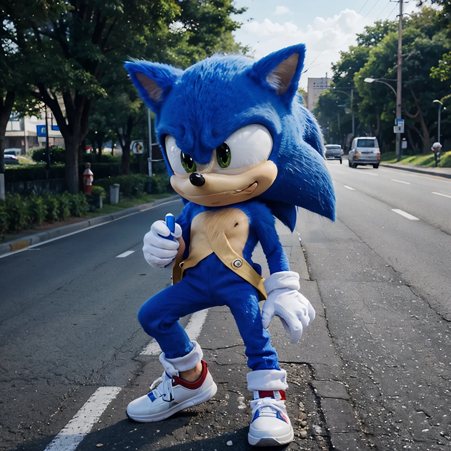 Very realistic Sonic with the phrase “on the road” holding the cell phone with the Uber design, em um fundo branco