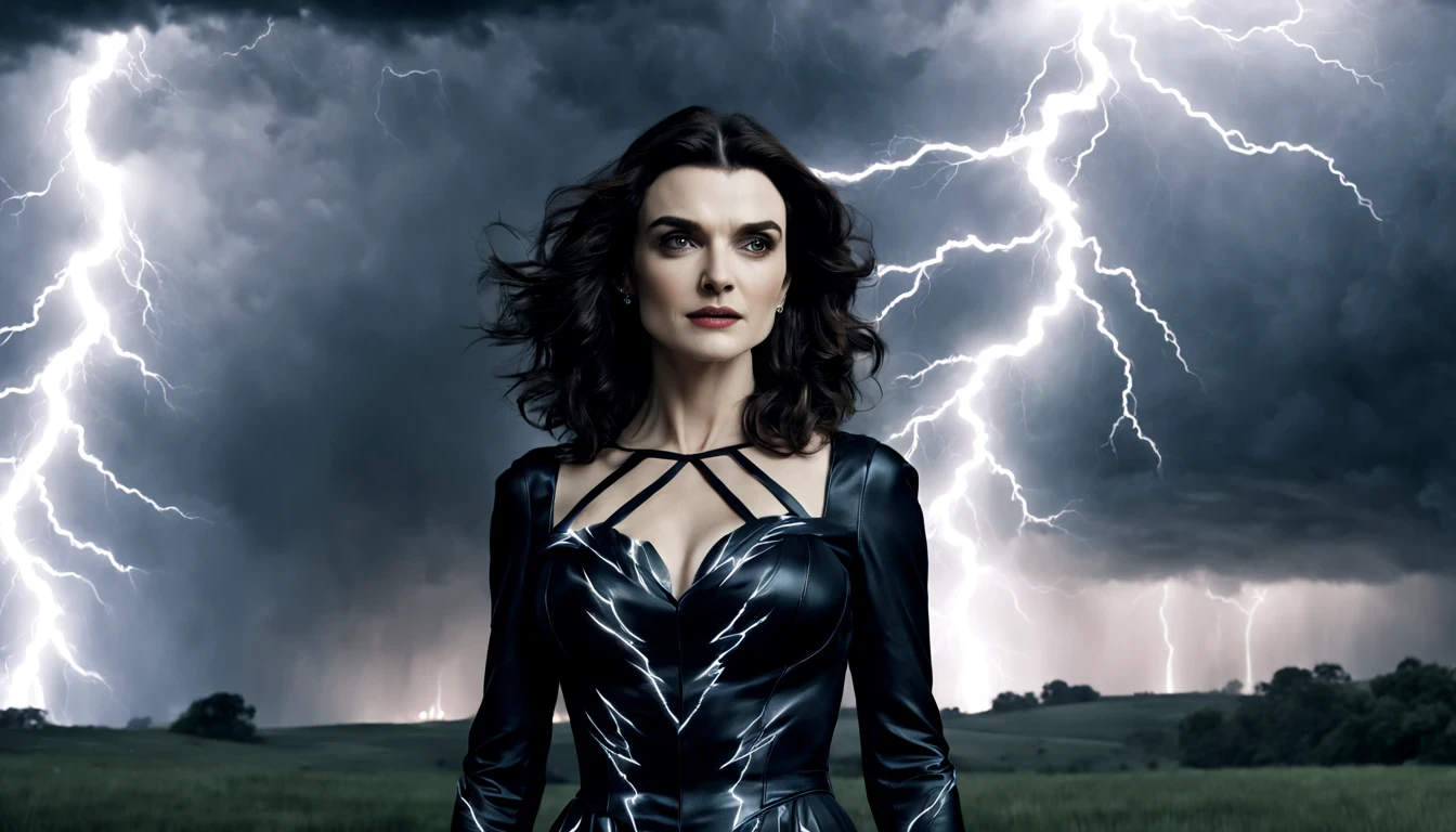 uma linda modelo (Rachel Weisz) em um vestido de noite preto marcante, Sob suave luar e Atmospheric lightning, lightning in the background, with lightning bolts, Reasonable design, linhas claras, Alta nitidez, melhor qualidade, master part, 4k ).