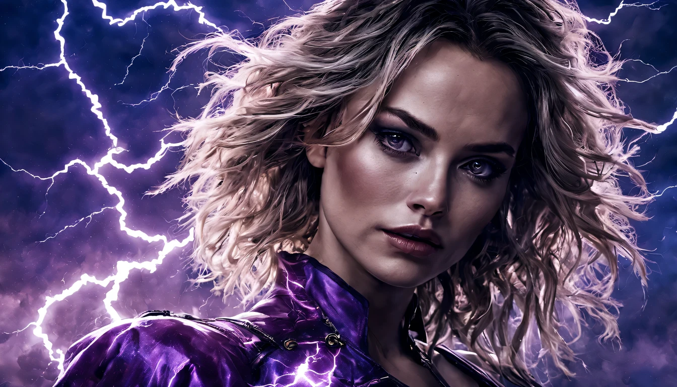 Uma jovem garota de corpo inteiro (Margot Robbie), Zenistu, e com roupas Vermelhas e brancas, Red and White Lightning, cabelos brancos, Purple eyes, Sky Lightning, Fio Eletroluminescente, magic sparks, enchanted magical fantasy. Peach Blossom Land, heaven, Jogo CG, Hand Painted Style, 8k, Ultra HD | |, arte digital conceitual, Azure azul e cinza,(Very detailed, A huge amount of purple lightning shot out from the girl&#39;the hand and hit the city, lightning clouds, Atmospheric lightning, Pink Lightning, with thunderstorms, Tempestade escura with lightning bolts, Dramatic purple lightning, raios no heaven, contrast lightning, trovoada no heaven, lightning in the background, with lightning bolts, Reasonable design, linhas claras, Alta nitidez, melhor qualidade, master part, 4k ).