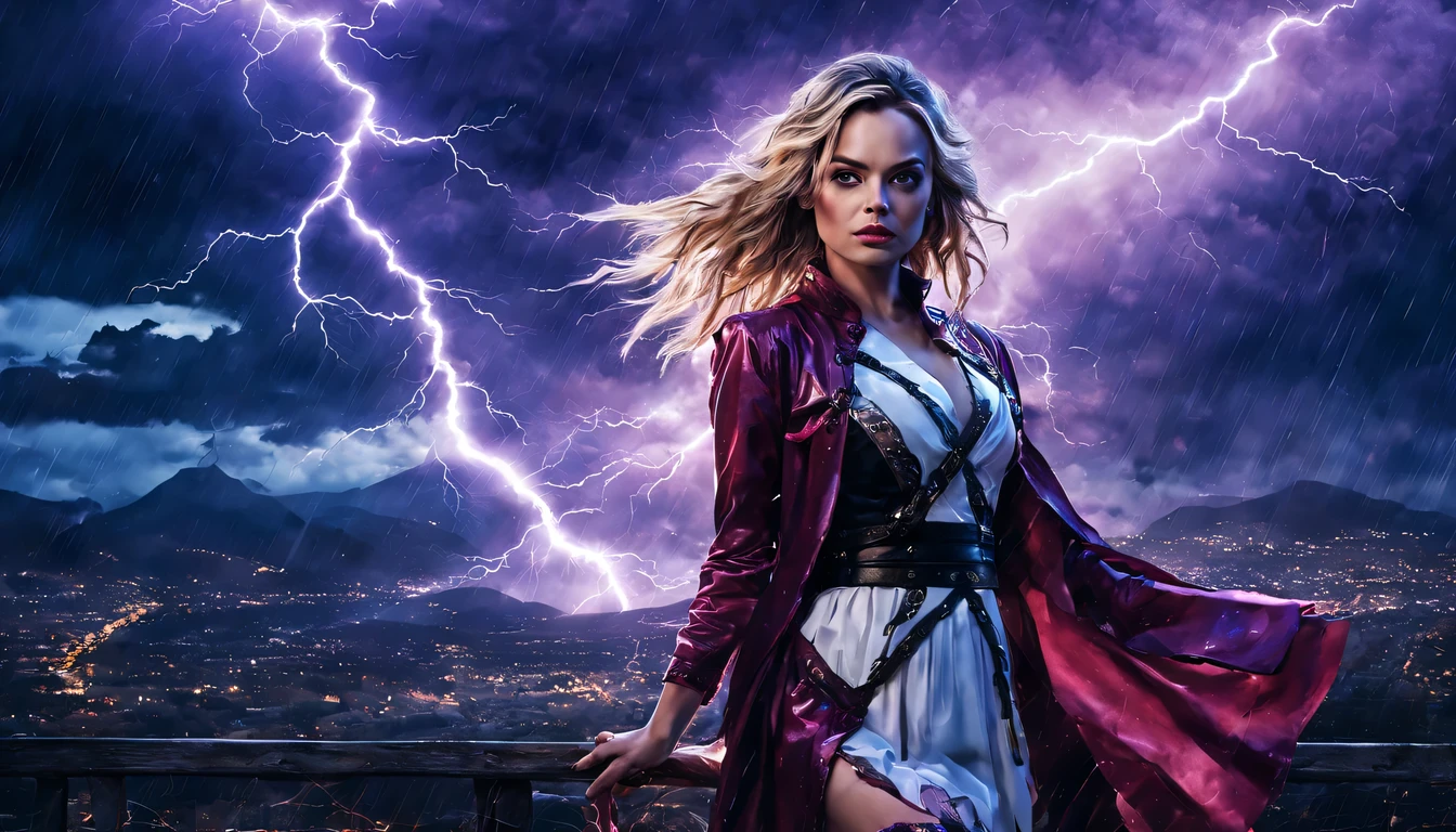 Uma jovem garota de corpo inteiro (Margot Robbie), Zenistu, e com roupas Vermelhas e brancas, Red and White Lightning, cabelos brancos, Purple eyes, Sky Lightning, Fio Eletroluminescente, magic sparks, enchanted magical fantasy. Peach Blossom Land, heaven, Jogo CG, Hand Painted Style, 8k, Ultra HD | |, arte digital conceitual, Azure azul e cinza,(Very detailed, A huge amount of purple lightning shot out from the girl&#39;the hand and hit the city, lightning clouds, Atmospheric lightning, Pink Lightning, with thunderstorms, Tempestade escura with lightning bolts, Dramatic purple lightning, raios no heaven, contrast lightning, trovoada no heaven, lightning in the background, with lightning bolts, Reasonable design, linhas claras, Alta nitidez, melhor qualidade, master part, 4k ).