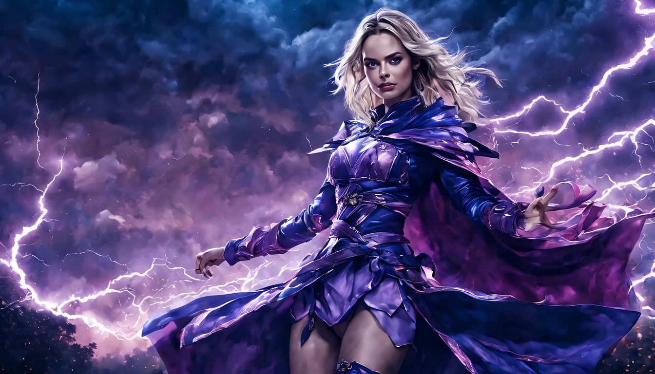 Uma jovem garota de corpo inteiro (Margot Robbie), Zenistu, e com roupas Vermelhas e brancas, Red and White Lightning, cabelos brancos, Purple eyes, Sky Lightning, Fio Eletroluminescente, magic sparks, enchanted magical fantasy. Peach Blossom Land, heaven, Jogo CG, Hand Painted Style, 8k, Ultra HD | |, arte digital conceitual, Azure azul e cinza,(Very detailed, A huge amount of purple lightning shot out from the girl&#39;the hand and hit the city, lightning clouds, Atmospheric lightning, Pink Lightning, with thunderstorms, Tempestade escura with lightning bolts, Dramatic purple lightning, raios no heaven, contrast lightning, trovoada no heaven, lightning in the background, with lightning bolts, Reasonable design, linhas claras, Alta nitidez, melhor qualidade, master part, 4k ).