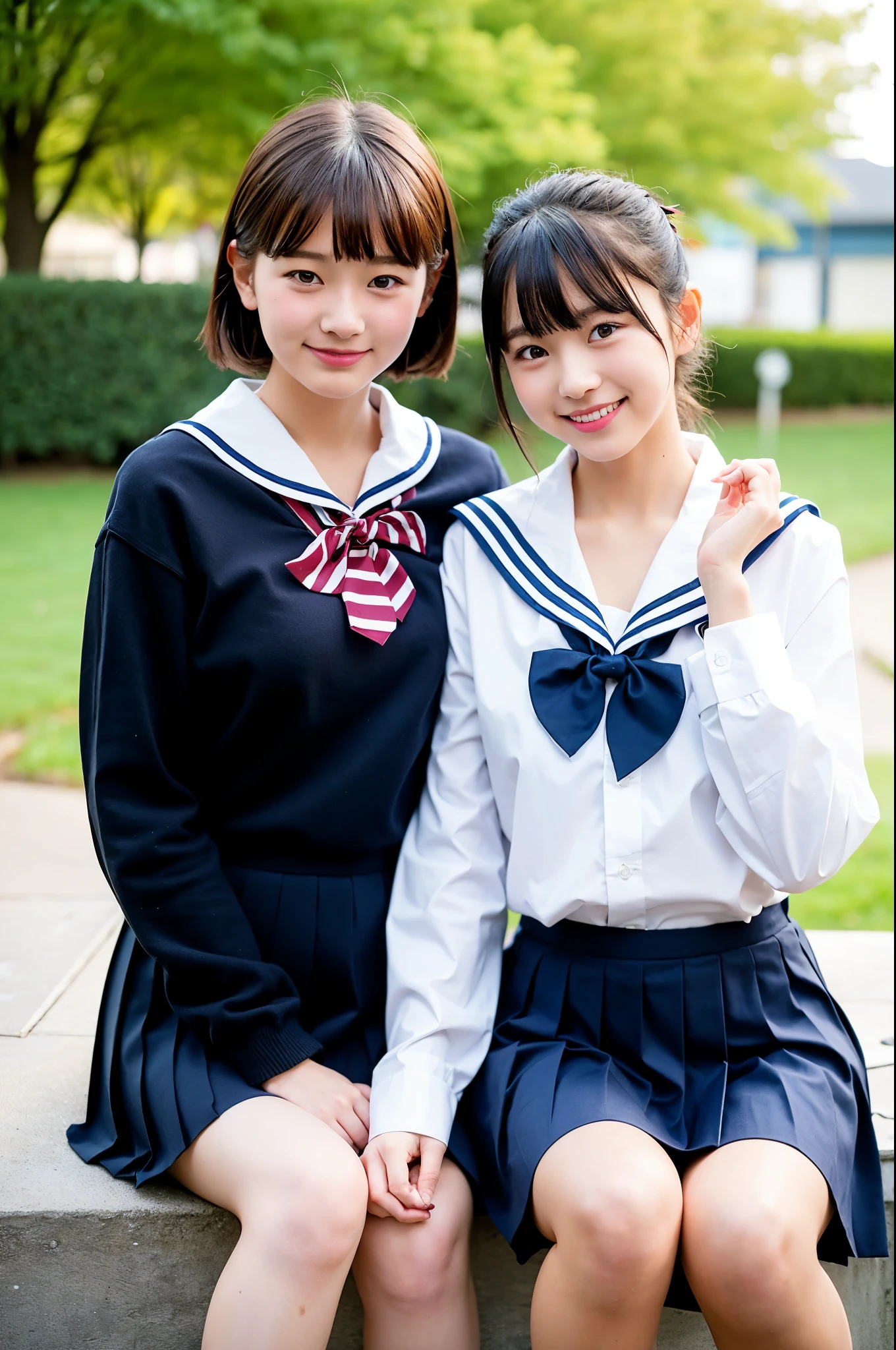 2 girls in school yard,long-sleeved navy blue sailor shirt,navy blue pleated skirt,red bow tie,18-year-old,bangs,a little smile,thighs,knees,short cut hair,low ponytail,from below,front-lighting