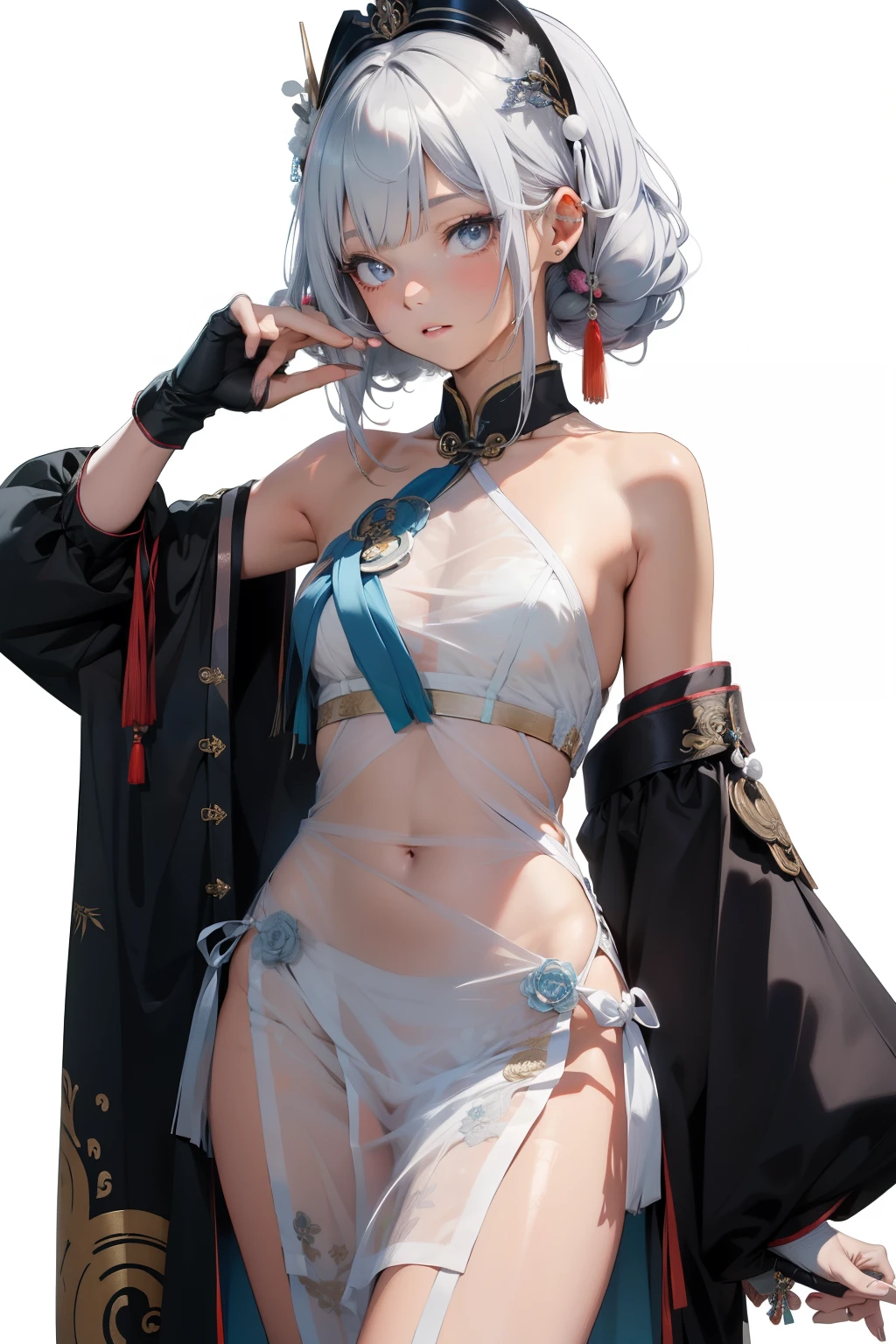 (quality)), ((masterpiece)), Recommended results、浮肿of乳头、(see through:1.5)、挺直你of背部、abdominal muscles、巨大of胸围、与地板of角度:1.2、low camera angle、Hair loss on crotch,Hatsune Miku,(8k, 最好ofquality, masterpiece), Super detailed, (High detail skin),
grace, Bangs, only_Shoulder, 黑色of_Gloves, China_skirt, nail_ring, of_sleeve, elbow_Gloves, 褶边of_sleeve, decorate, hair_decorate品, hairpin, 长of_hair, ningguang_\(Genshin_Influence\), broke up_Bangs, 红色of_Eye, silver_hair, tassel, (White background, 简单of背景:1.4), (黑色of outline:1.2),