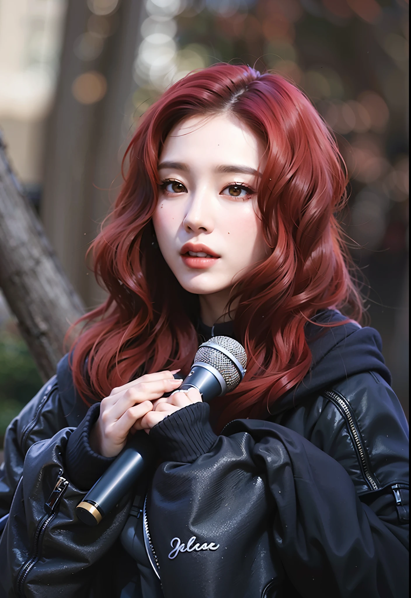 a closeup of a person holding a microphone near a tree, sol yunjoo, con pelo rojo rizado, portrait of jossi de blackpink, jossi de blackpink, ella tiene el cabello rojo, TaeJune Kim, aparcar desde-min, Con cabello rojo, heonhwa choe, artista coreano, Jinyoung Shin, inspirado en Tang Sin Yun Sandara, jaeyeon nam, Winter aespa