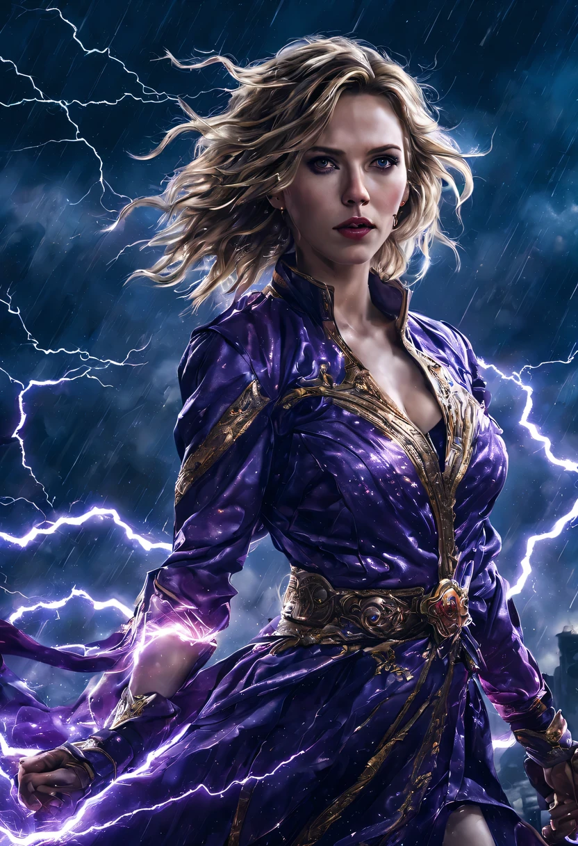 Uma jovem garota de corpo inteiro (Scarlett Johansson), Zenistu, e com roupas Amarelo e brancas, Green and White Lightning, cabelos brancos, Purple eyes, Sky Lightning, Fio Eletroluminescente, magic sparks, enchanted magical fantasy. Peach Blossom Land, heaven, Jogo CG, Hand Painted Style, 8k, Ultra HD | |, arte digital conceitual, Azure azul e cinza,(Very detailed, A huge amount of purple lightning shot out from the girl'the hand and hit the city, lightning clouds, Atmospheric lightning, Pink Lightning, with thunderstorms, Tempestade escura with lightning bolts, Dramatic purple lightning, raios no heaven, contrast lightning, trovoada no heaven, lightning in the background, with lightning bolts, Reasonable design, linhas claras, Alta nitidez, melhor qualidade, master part, 4k ).