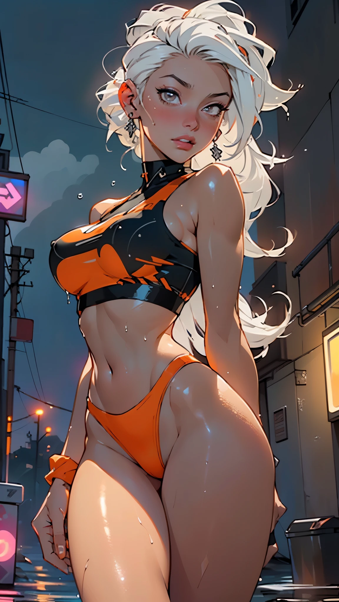 girl sporty,((attractive girl)),
(large breasts:1.4),saggy breasts,(((white hair:1.4,white ponytail hairstyle:1.5,very long hair:1.5))),((heterochromia:1.5, (orange_eye and pink_eye))),intricate eyes,beautiful detailed eyes,symmetrical eyes,((fat))(((lustrous skin:1.5,bright skin: 1.5,skin tanned,shiny skin,very shiny skin,shiny body,plastic glitter skin,exaggerated shiny skin,illuminated skin, wet legs))),(spider lower abdomen,narrow waist,wide hip,athletic body,inflated legs, thick thighs,detailed body,(detailed face)),
cute,slutty,seductive,erotic,(((nsfw))),
revealing clothing,show skin,with micro clothes,almost totally naked,with little clothing,(tiny thong),generous neckline,((tight sports bra, tight sports thong,((orange and black clothes)))),(((underboob))),((wet clothes,intricate outfit,intricate clothes)),
(dynamic pose:1.0),embarrassed,(centered,scale to fit dimensions,Rule of thirds),
cyberpunk city by the ocean at night, with bright neon signs and dark stormy clouds and puddles, scenery:1.25,nighttime, starry night, cosmos,Very dark night that makes the neon lights stand out, very bright neon lights,
artistic photography,(photography taken by sldr),highres, sharp focus,(ultra detailed, extremely detailed), (photorealistic artwork:1.37),(extremely detailed CG unity 8k wallpaper),((synthwave background theme)),(((vibrant colors))),intricate,(intricate background),(masterpiece),(best quality),perfect rendered face,perfect face details,realistic face,photo realistic,analog style,((intricate detail)),(((realism))),