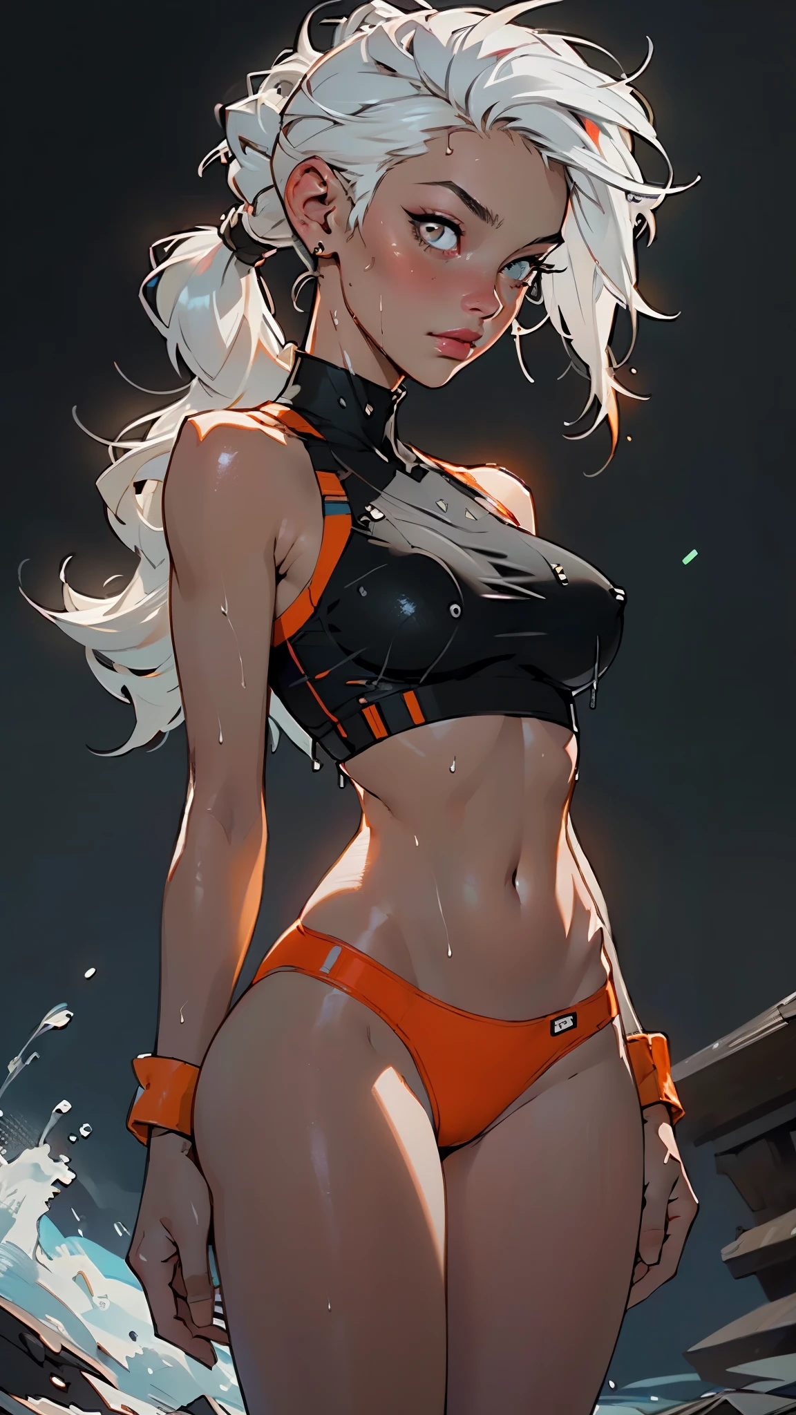 girl sporty,((attractive girl)),

(large breasts:1.4),saggy breasts,(((white hair:1.4,white ponytail hairstyle:1.5,very long hair:1.5))),((heterochromia:1.5, (orange_eye and pink_eye))),intricate eyes,beautiful detailed eyes,symmetrical eyes,((fat))(((lustrous skin:1.5,bright skin: 1.5,skin tanned,shiny skin,very shiny skin,shiny body,plastic glitter skin,exaggerated shiny skin,illuminated skin, wet legs))),(spider lower abdomen,narrow waist,wide hip,athletic body,inflated legs, thick thighs,detailed body,(detailed face)),

cute,slutty,seductive,erotic,(((nsfw))),

revealing clothing,show skin,with micro clothes,almost totally naked,with little clothing,(tiny thong),generous neckline,((tight sports bra, tight sports thong,((orange and black clothes)))),(((underboob))),((wet clothes,intricate outfit,intricate clothes)),

(dynamic pose:1.0),embarrassed,(centered,scale to fit dimensions,Rule of thirds),

cyberpunk city by the ocean at night, with bright neon signs and dark stormy clouds and puddles, scenery:1.25,nighttime, starry night, cosmos,Very dark night that makes the neon lights stand out, very bright neon lights,

artistic photography,(photography taken by sldr),highres, sharp focus,(ultra detailed, extremely detailed), (photorealistic artwork:1.37),(extremely detailed CG unity 8k wallpaper),((synthwave background theme)),(((vibrant colors))),intricate,(intricate background),(masterpiece),(best quality),perfect rendered face,perfect face details,realistic face,photo realistic,analog style,((intricate detail)),(((realism))),
