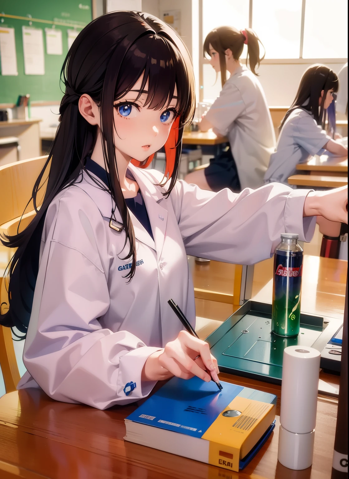 Anime girl with stirring stick and frass, working in her science lab, clean detailed anime art, Cute girl anime visual, anime girl drinks energy drink, Gwaites style artwork, experimenting in her science lab, detailed digital anime art, a surreal , Smooth anime CG art, surreal , digital anime illustration