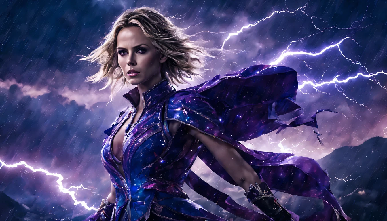 Uma jovem garota de corpo inteiro (Charlize Theron), Zenistu, e com roupas Vermelhas e brancas, Purple and White Lightning, cabelos brancos, Purple eyes, Sky Lightning, Fio Eletroluminescente, magic sparks, enchanted magical fantasy. Peach Blossom Land, heaven, Jogo CG, Hand Painted Style, 8k, Ultra HD | |, arte digital conceitual, Azure azul e cinza,(Very detailed, A huge amount of purple lightning shot out from the girl&#39;the hand and hit the city, lightning clouds, Atmospheric lightning, Pink Lightning, with thunderstorms, Tempestade escura with lightning bolts, Dramatic purple lightning, raios no heaven, contrast lightning, trovoada no heaven, lightning in the background, with lightning bolts, Reasonable design, linhas claras, Alta nitidez, melhor qualidade, master part, 4k ).
