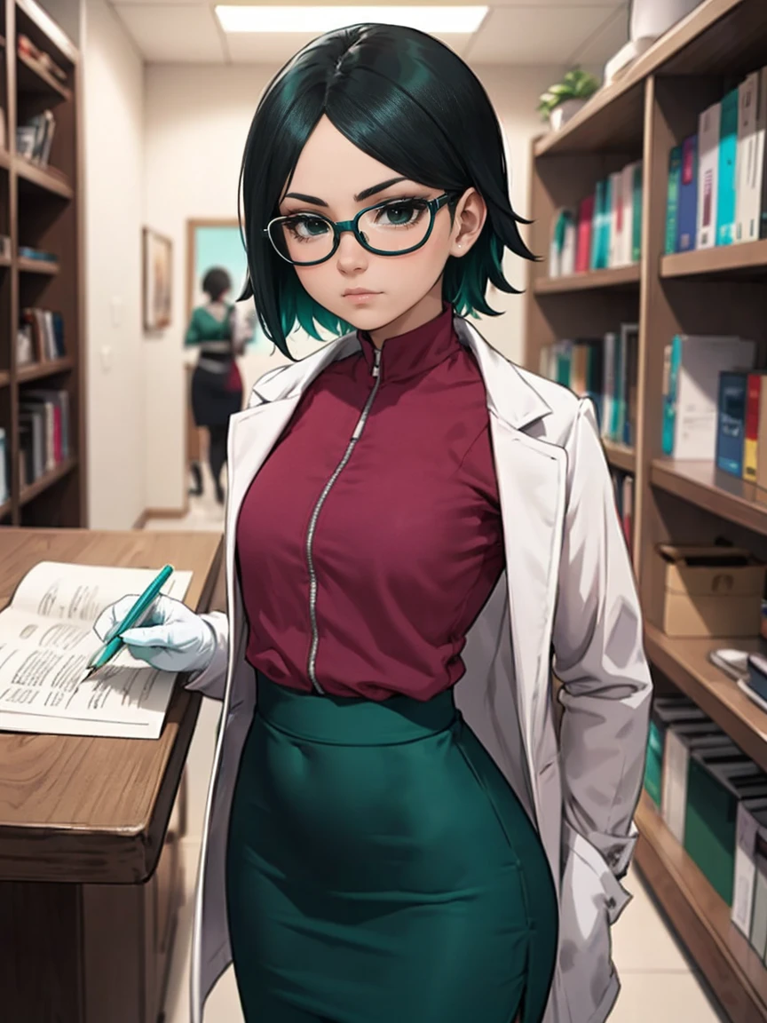 ((Sarada Uchiha with short hair, (black eyes) and red glasses)). (((She is wearing a white coat, (dark turquoise green wool blouse), and (black satin pencil skirt), small))). ((She is in a doctor's office with shelves with medicines and a table with documents)). (She has a stethoscope). Intricate details, rich colors and a sense of grandeur,  adorned and characterized by complex details, with rich colors and provides a feeling of grandeur. White gloves. posing for a photo