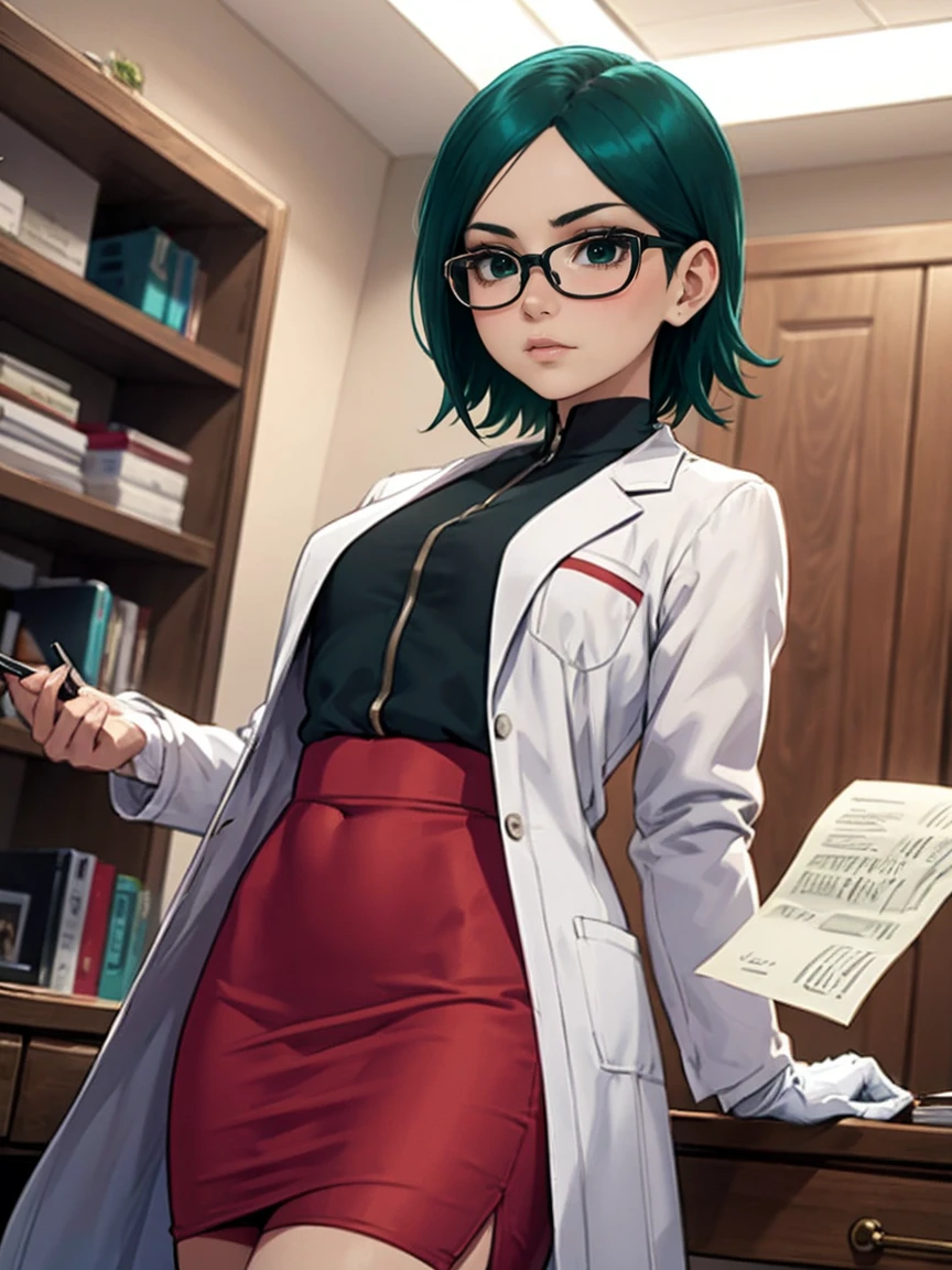 ((Sarada Uchiha with short hair, (black eyes) and red glasses)). (((She is wearing a white coat, (dark turquoise green wool blouse), and (black satin pencil skirt), small))). ((She is in a doctor's office with shelves with medicines and a table with documents)). (She has a stethoscope). Intricate details, rich colors and a sense of grandeur,  adorned and characterized by complex details, with rich colors and provides a feeling of grandeur. White gloves. posing for a photo