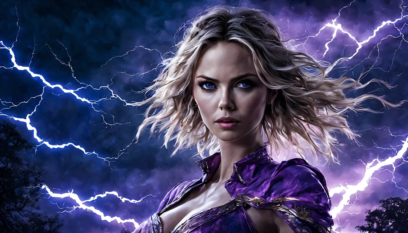 Uma jovem garota de corpo inteiro (Charlize Theron), Zenistu, e com roupas Vermelhas e brancas, Purple and White Lightning, cabelos brancos, Purple eyes, Sky Lightning, Fio Eletroluminescente, magic sparks, enchanted magical fantasy. Peach Blossom Land, heaven, Jogo CG, Hand Painted Style, 8k, Ultra HD | |, arte digital conceitual, Azure azul e cinza,(Very detailed, A huge amount of purple lightning shot out from the girl'the hand and hit the city, lightning clouds, Atmospheric lightning, Pink Lightning, with thunderstorms, Tempestade escura with lightning bolts, Dramatic purple lightning, raios no heaven, contrast lightning, trovoada no heaven, lightning in the background, with lightning bolts, Reasonable design, linhas claras, Alta nitidez, melhor qualidade, master part, 4k ).