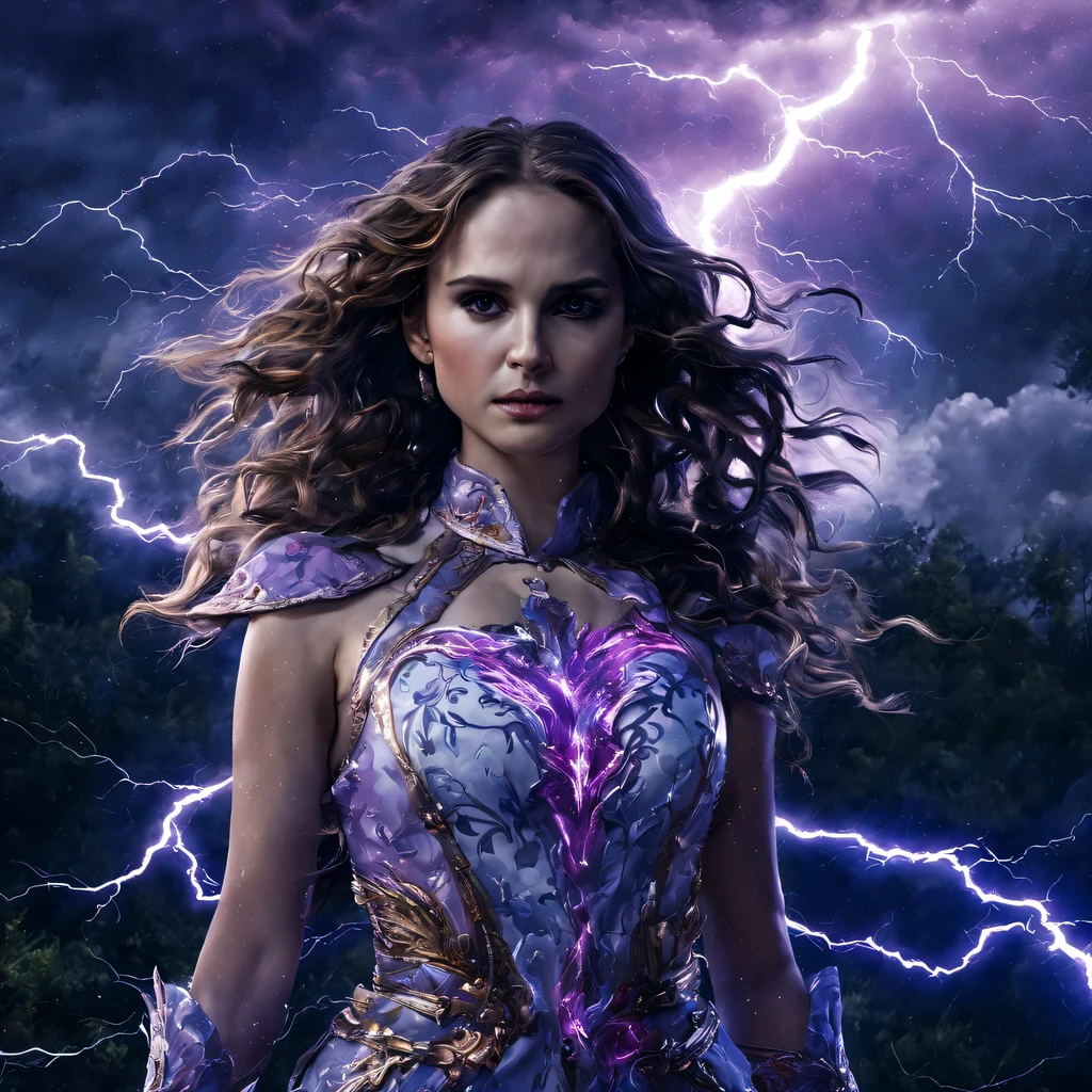 Uma jovem garota de corpo inteiro (Natalie Portman), Zenistu, e com roupas Vermelhas e brancas, Purple and White Lightning, cabelos brancos, Purple eyes, Sky Lightning, Fio Eletroluminescente, magic sparks, enchanted magical fantasy. Peach Blossom Land, heaven, Jogo CG, Hand Painted Style, 8k, Ultra HD | |, arte digital conceitual, Azure azul e cinza,(Very detailed, A huge amount of purple lightning shot out from the girl'the hand and hit the city, lightning clouds, Atmospheric lightning, Pink Lightning, with thunderstorms, Tempestade escura with lightning bolts, Dramatic purple lightning, raios no heaven, contrast lightning, trovoada no heaven, lightning in the background, with lightning bolts, Reasonable design, linhas claras, Alta nitidez, melhor qualidade, master part, 4k ).