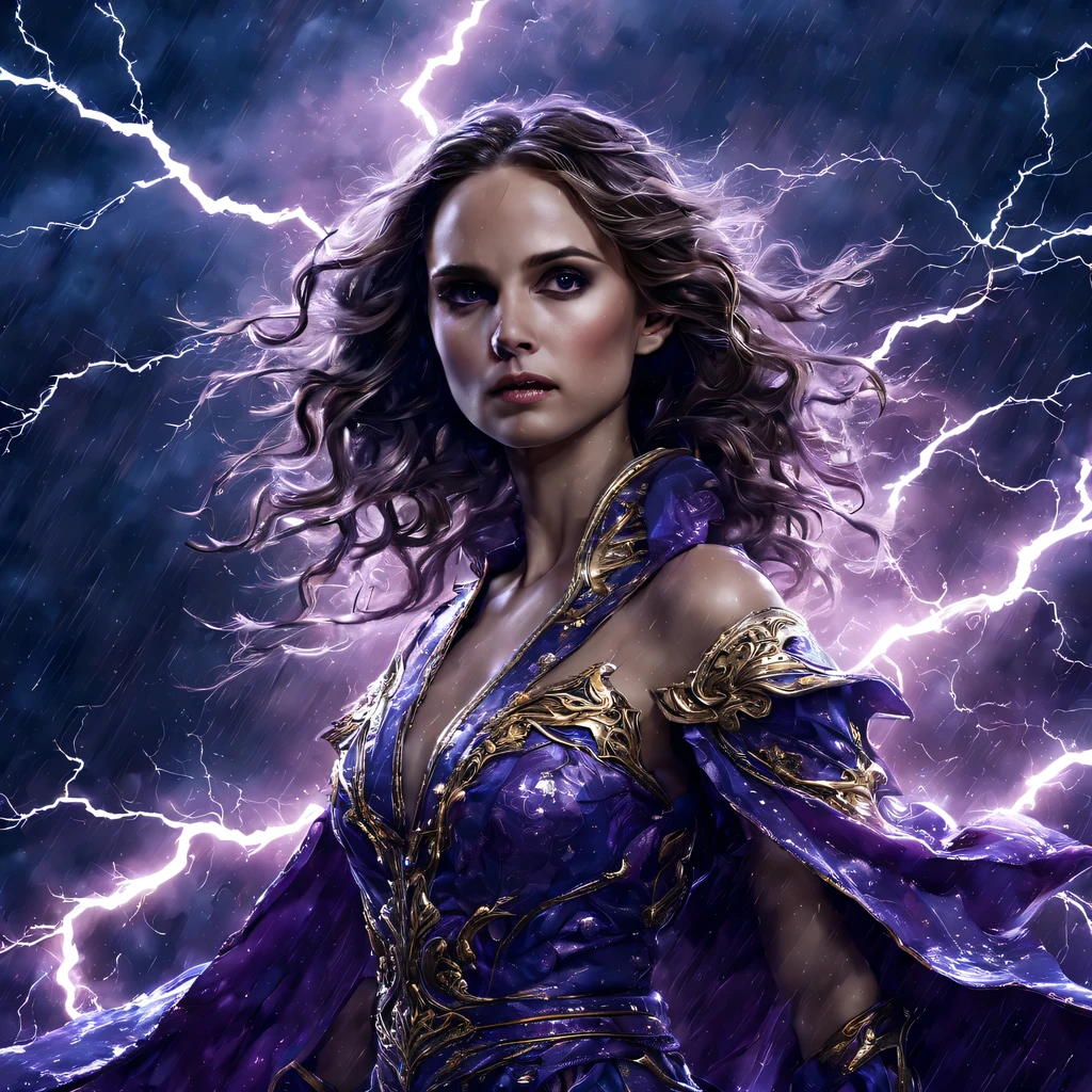 Uma jovem garota de corpo inteiro (Natalie Portman), Zenistu, e com roupas Vermelhas e brancas, Purple and White Lightning, cabelos brancos, Purple eyes, Sky Lightning, Fio Eletroluminescente, magic sparks, enchanted magical fantasy. Peach Blossom Land, heaven, Jogo CG, Hand Painted Style, 8k, Ultra HD | |, arte digital conceitual, Azure azul e cinza,(Very detailed, A huge amount of purple lightning shot out from the girl&#39;the hand and hit the city, lightning clouds, Atmospheric lightning, Pink Lightning, with thunderstorms, Tempestade escura with lightning bolts, Dramatic purple lightning, raios no heaven, contrast lightning, trovoada no heaven, lightning in the background, with lightning bolts, Reasonable design, linhas claras, Alta nitidez, melhor qualidade, master part, 4k ).
