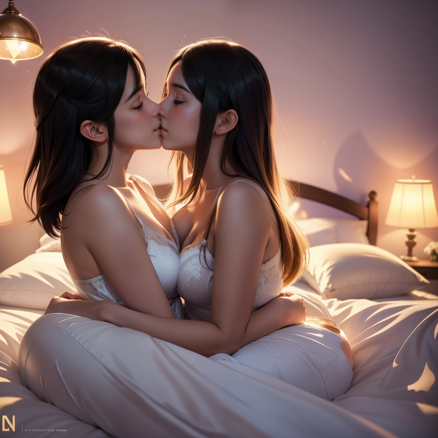 they are two women in bed with white sheets and a lamp, lesbian art, kissing together cutely, lesbian embrace, two beautiful anime girls, lesbian kiss, alena aenami and lilia alvarado, wlop and sakimichan, kissing together, ilya kuvshinov. 4 k, artwork in the style of guweiz, anime girls