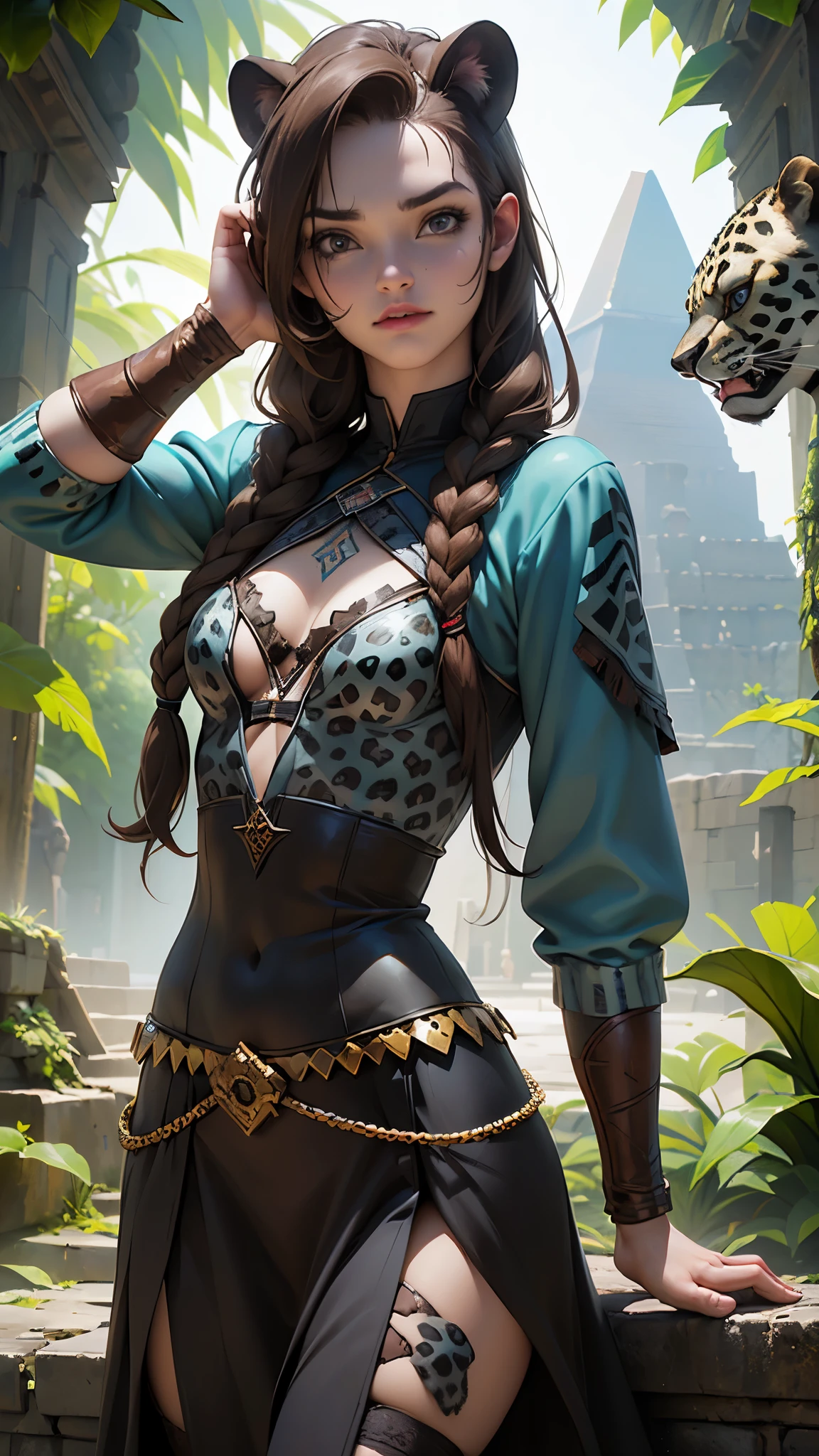 (La mejor calidad,A high resolution,Ultra - detallado,actual), (young warrior woman of nordic descent), (ojos verdes), (Muscular), (falda de piel:1.4), (brown hair color),(loose hair with small braids on the scalp:1.2), (top con correa de cuero) plumas, capa sobre el hombro, bufas, (azul, gray and brown suit:1.4).,More detailed 8K.motor irreal:1.4,UHD,La mejor calidad:1.4, fotorrealista:1.4, textura de la piel:1.4, obra maestra:1.8,obra-prima, mejor calidad,objeto Objeto], (detailed face features:1.3),(Las proporciones correctas),convexo，(Dedos detallados)，,(Ojos hermosos verdes), (background pyramids aztec ruins:1.4) ,(aztec jungle carnivorous plants:1.4), (Ciberpunk 2.1) ,(realistic 2.1 ), (colores brillantes fotorrealista ),(tiene una lingerie de piel leopardo:1.4), (leopardo grande realistic:1.4)