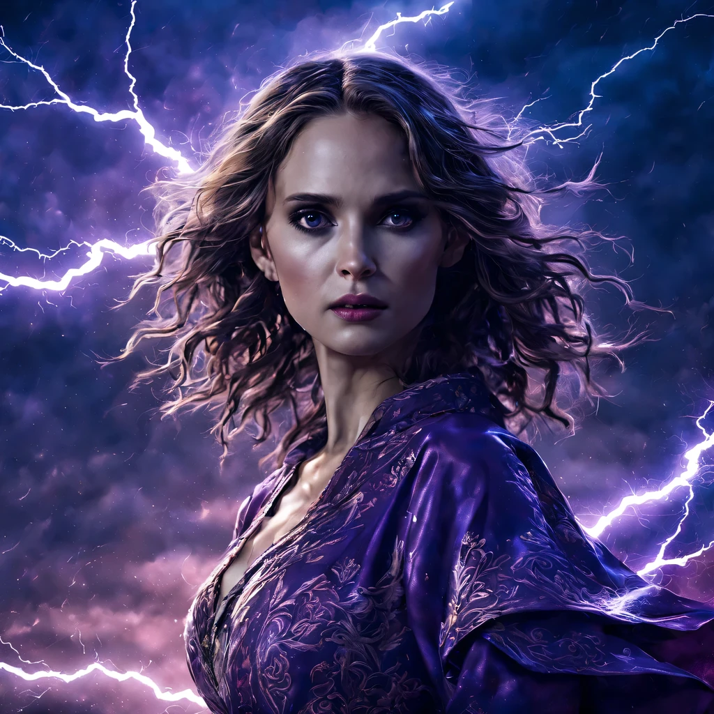 Uma jovem garota de corpo inteiro (Natalie Portman), Zenistu, e com roupas Vermelhas e brancas, Purple and White Lightning, cabelos brancos, Purple eyes, Sky Lightning, Fio Eletroluminescente, magic sparks, enchanted magical fantasy. Peach Blossom Land, heaven, Jogo CG, Hand Painted Style, 8k, Ultra HD | |, arte digital conceitual, Azure azul e cinza,(Very detailed, A huge amount of purple lightning shot out from the girl&#39;the hand and hit the city, lightning clouds, Atmospheric lightning, Pink Lightning, with thunderstorms, Tempestade escura with lightning bolts, Dramatic purple lightning, raios no heaven, contrast lightning, trovoada no heaven, lightning in the background, with lightning bolts, Reasonable design, linhas claras, Alta nitidez, melhor qualidade, master part, 4k ).
