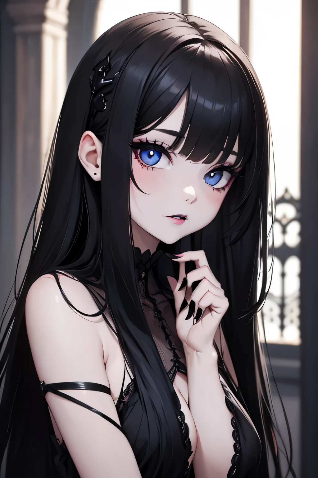 sfw, close-up, cute, gothic girl, long black hair, fringe, eyeliner, black dress, white pale skin, black lipstick, small breasts, naked