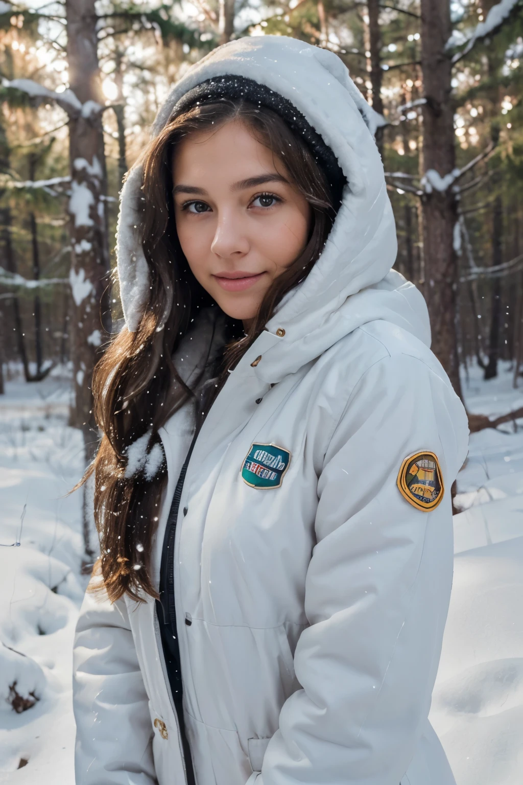 best quality, full body, soft light, ultra high res, (photorealistic:1.4), RAW photo, 1American girl, solo, cute, (happy grin:0.5), (brown eyes, lights in the eyes), detailed beautiful face, (),(high resolution detail of human skin texture), (long hair), wearing snow suit in middle of snowstorm in the forest. playful pose