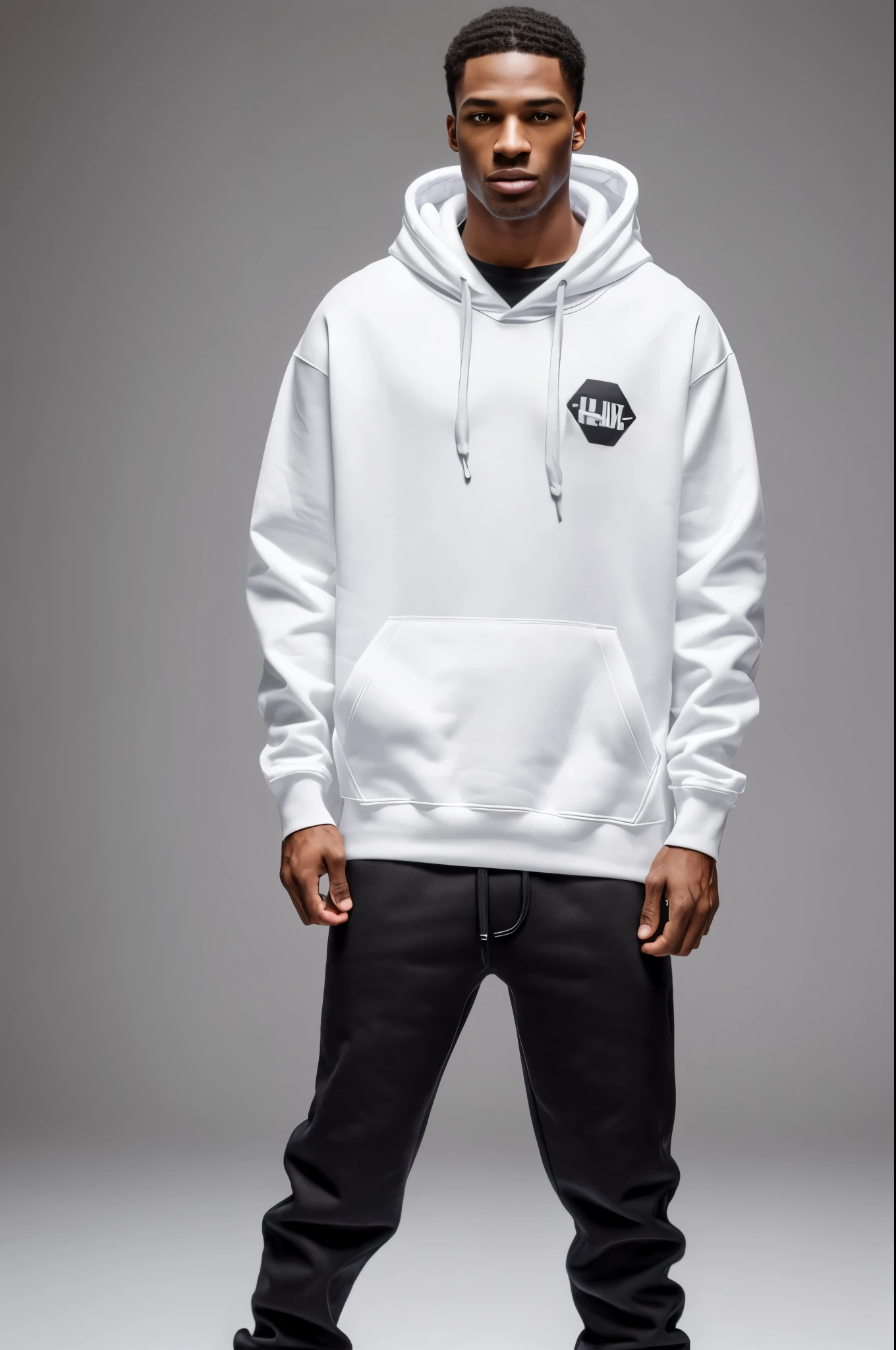 Produce a visually stunning and hyper-realistic banner image with top-notch quality, utilizing high-resolution, high-contrast studio lighting techniques. Ensure a zoomed-out perspective that captures the entirety of a male model prominently showcasing a solid white fleece oversized hoodie. The hoodie should lack drawstrings on the hood for a sleek appearance. The clothing aspect should be emphasized with a 1.1 magnification, and the overall image should maintain a photorealistic enhancement at a factor of 1.37. Employ a white background and flat surface setting to emphasize the hoodie's design, ensuring it pops with a solid white color. Pay meticulous attention to full skin details on the model to enhance the realistic aesthetic. The final output should be in 4K resolution and tailored specifically for a streetwear store front banner, meeting the highest standards of quality and appeal.