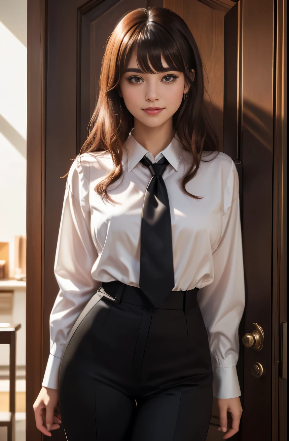 masterpiece, best quality, ultra-detailed, illustration, epic lighting, cinematic composition, isometric, 1girl, solo, cute, brown eyes, black hair, swept bangs, single sidelock, red hairclip, white collared shirt, black necktie, black pants, formal, enchanting gaze, captivating pose, indoors, office, door, opening door, looking at viewer, peeking out upper body, blush, seductive smile, closed mouth,(8k:1.1),
