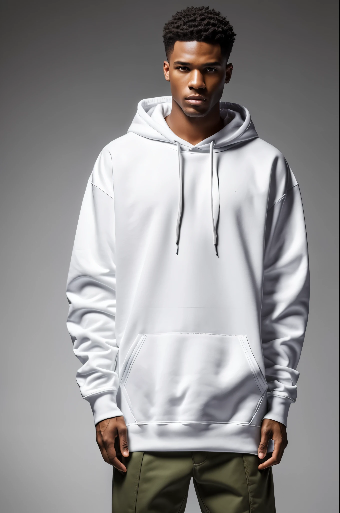 Produce a visually stunning and hyper-realistic banner image with top-notch quality, utilizing high-resolution, high-contrast studio lighting techniques. Ensure a zoomed-out perspective that captures the entirety of a male model prominently showcasing a solid white fleece oversized hoodie. The hoodie should lack drawstrings on the hood for a sleek appearance. The clothing aspect should be emphasized with a 1.1 magnification, and the overall image should maintain a photorealistic enhancement at a factor of 1.37. Employ a white background and flat surface setting to emphasize the hoodie's design, ensuring it pops with a solid white color. Pay meticulous attention to full skin details on the model to enhance the realistic aesthetic. The final output should be in 4K resolution and tailored specifically for a streetwear store front banner, meeting the highest standards of quality and appeal.
