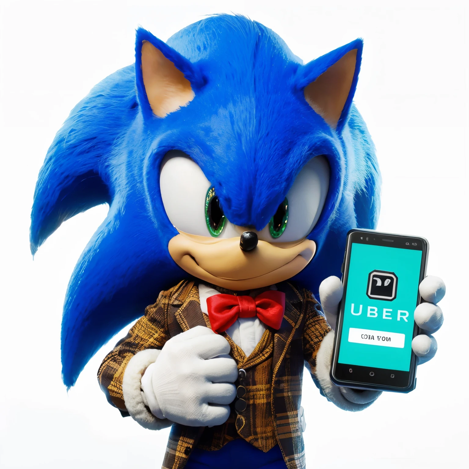 Adesivos do Sonic, with the phrase “chaama!!” holding the cell phone with the Uber design, em um fundo branco