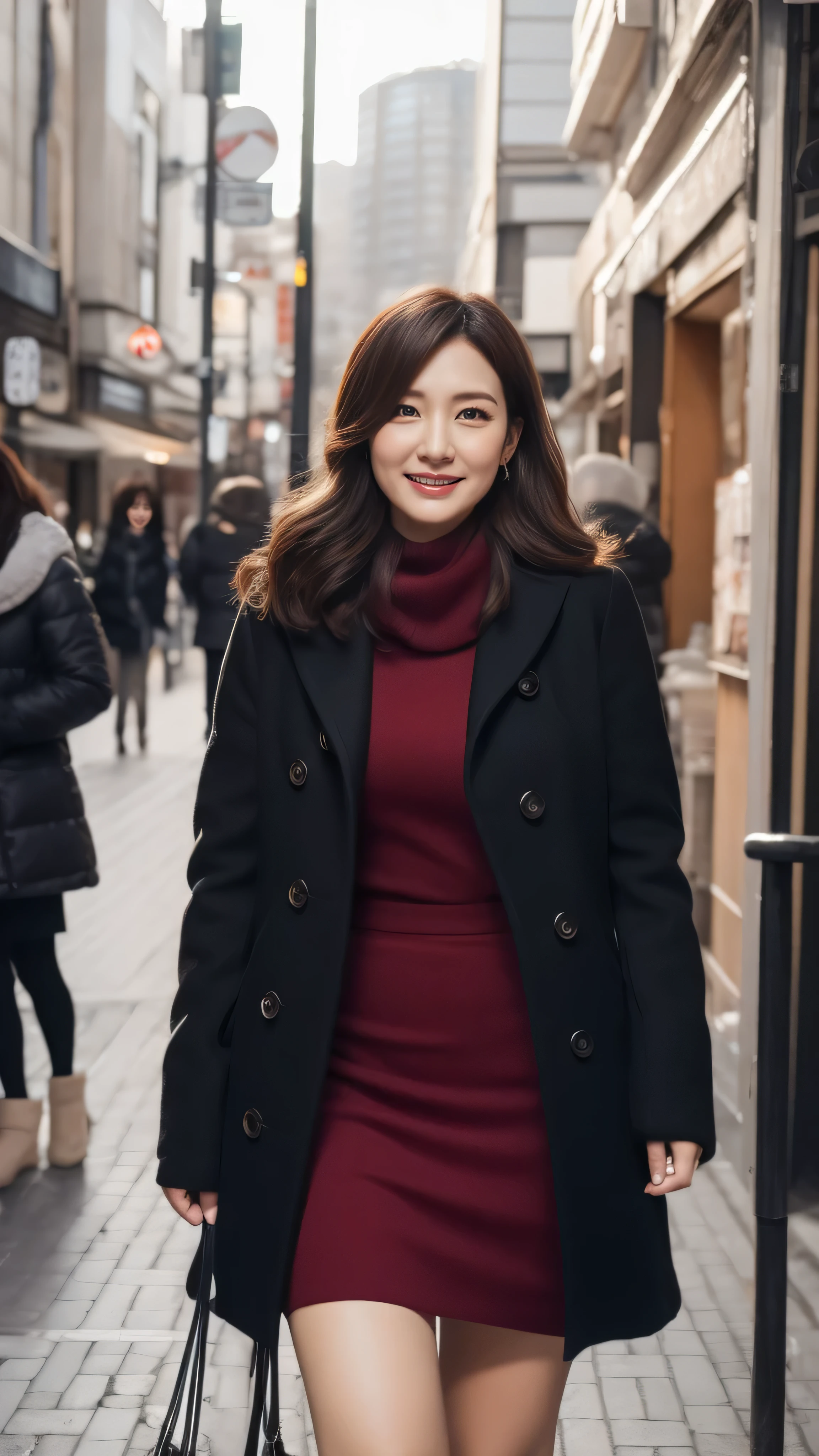 Hostess face、crying expression、30 years old、middle-aged women、Fashionable winter clothes、skirt、High quality、Super realistic、Married woman's body shape、Japan Married Women、 perfect eyes、Shining beautiful skin、Shopping district