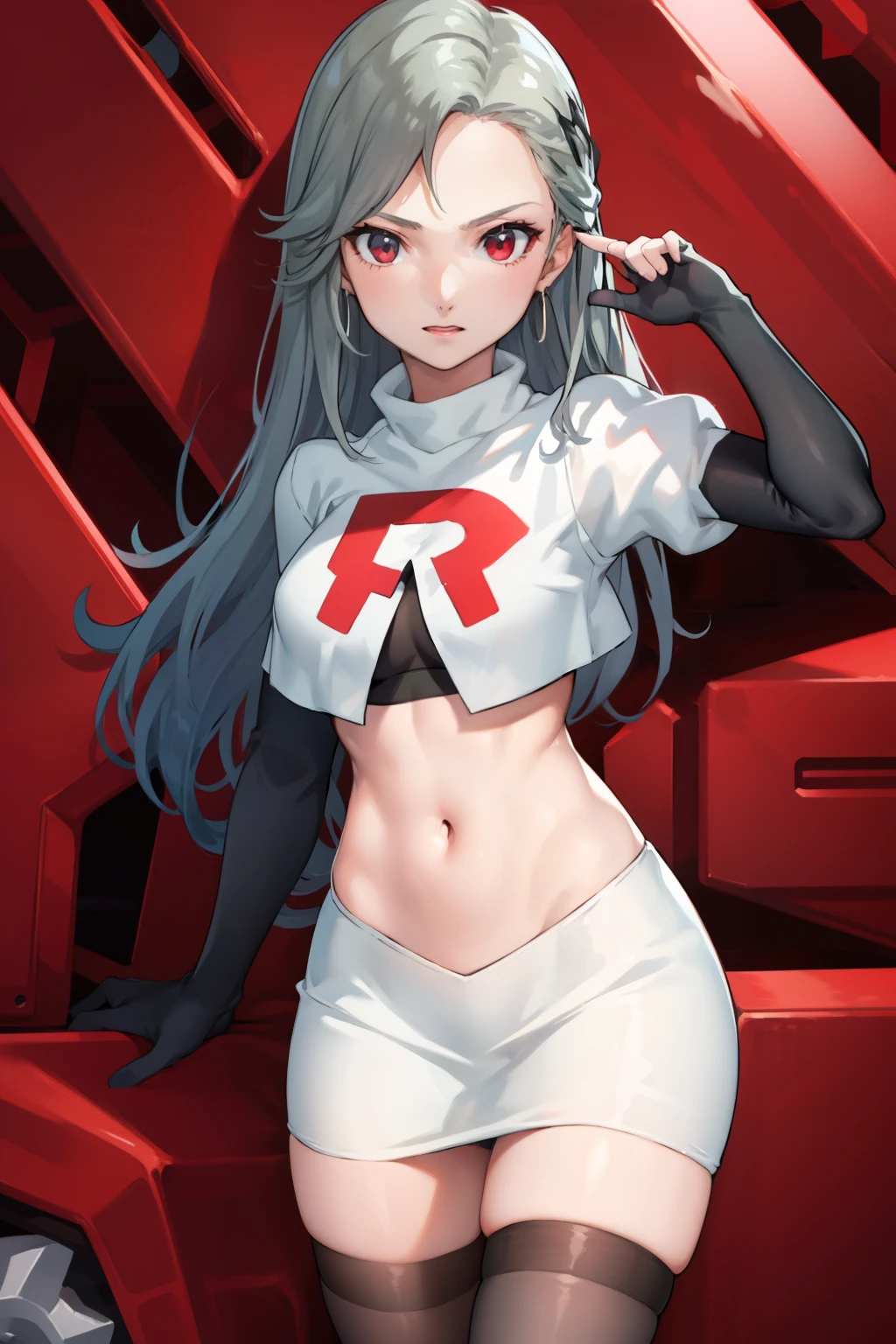 SaeP5, 1girl, team rocket uniform, red letter R, white skirt,white crop top,black thigh-highs,black elbow gloves