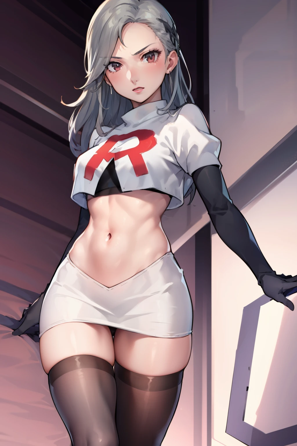 SaeP5, 1girl, team rocket uniform, red letter R, white skirt,white crop top,black thigh-highs,black elbow gloves