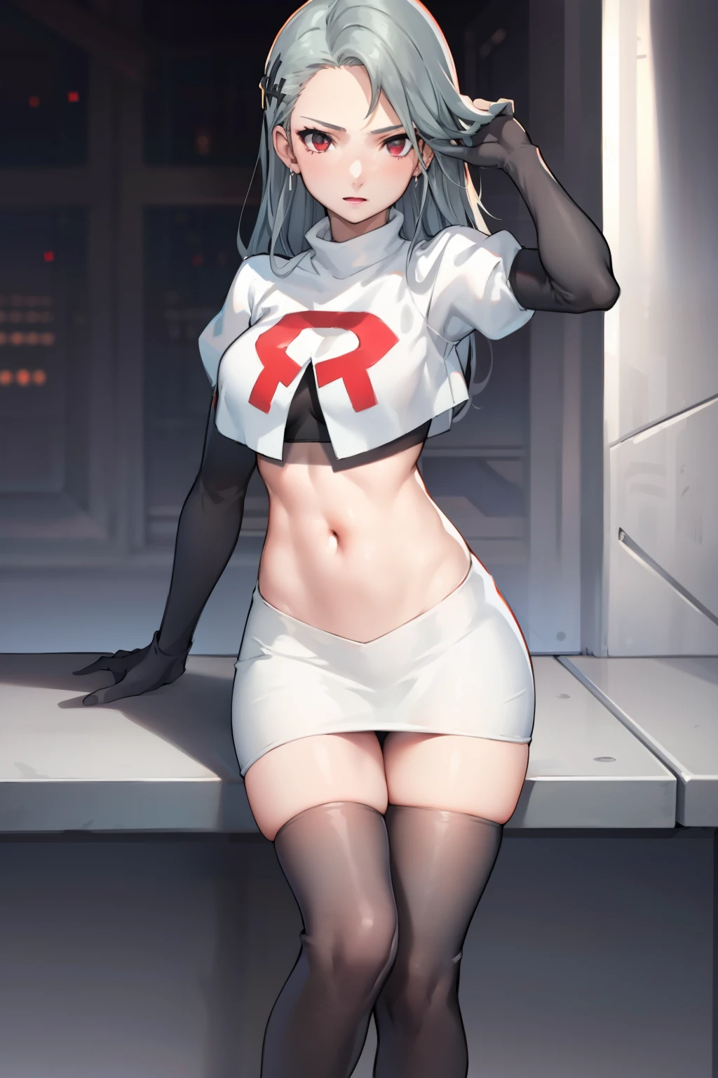 SaeP5, 1girl, team rocket uniform, red letter R, white skirt,white crop top,black thigh-highs,black elbow gloves