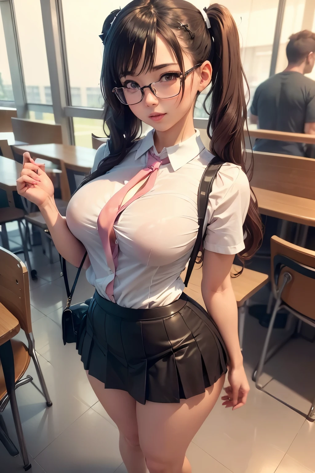 ((medium breasts)), ((erotic, sexy)), a 28-year-old student with a shirt, (skirt tight to the body, in the cafeteria), beautiful detailed eyes, clear face, ((Full body photo)), ( Pigtails), shapely ass, wears glasses,