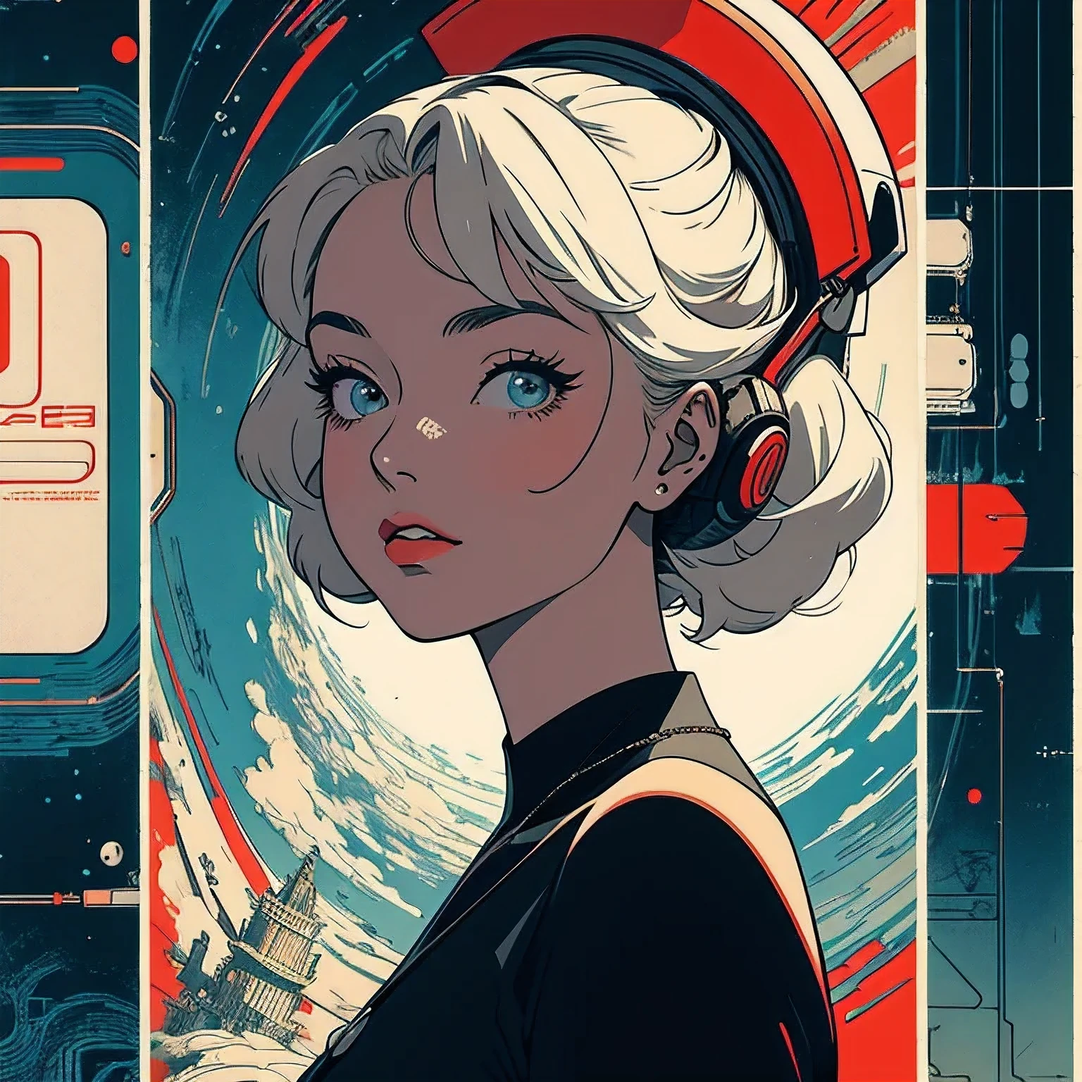 (masterpiece, highest quality), 8k wallpaper, very detailed, poster, vintage science fiction, 1960s,bauhaus, shape, got it, abstract, propaganda,movie poster, vintage,Perfect Lady,retro,futuristic,anime,Ultimate,