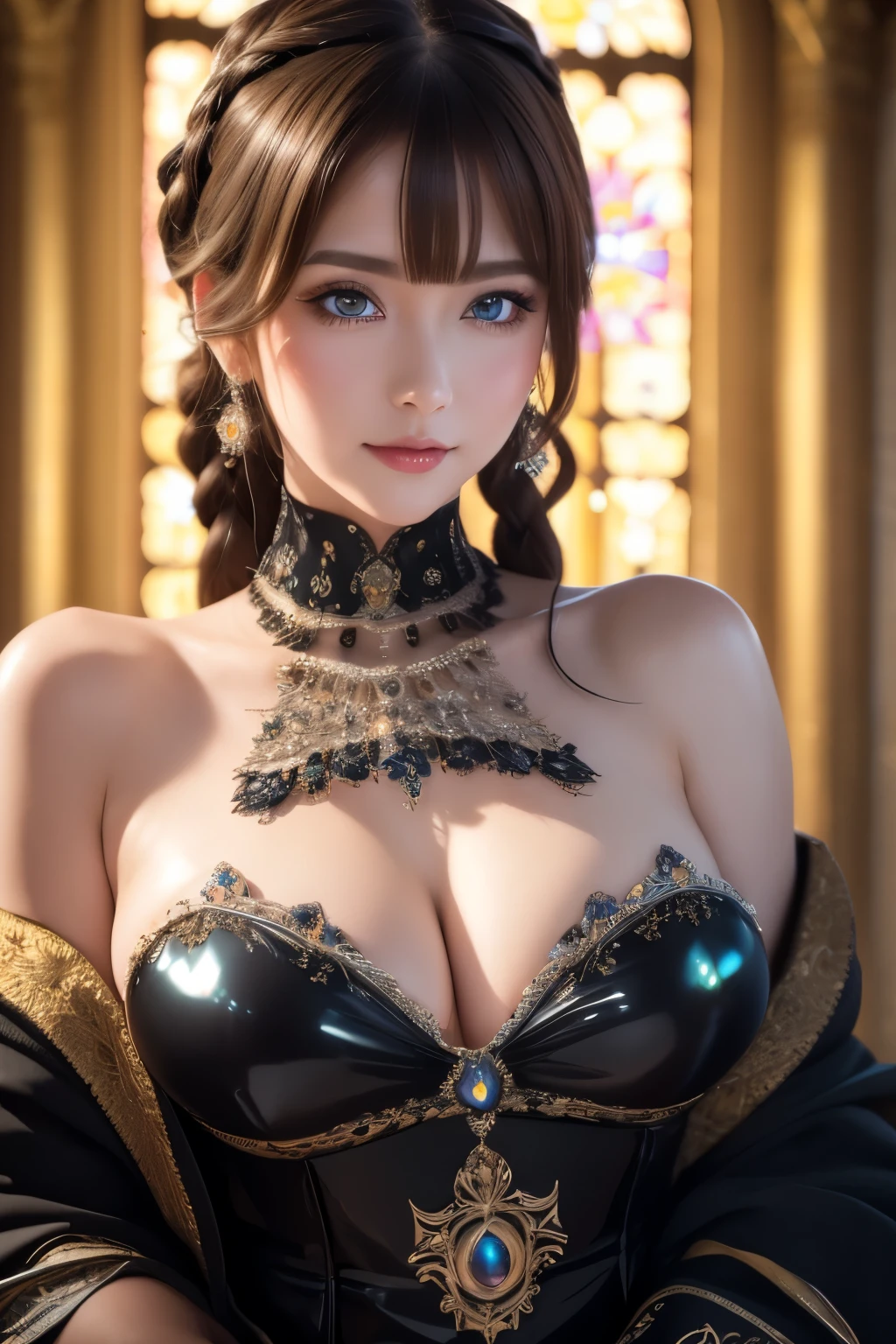 from below, best quality, 32k, RAW photo, incredibly absurdres, extremely detailed, delicate texture, beautiful lady, a cold gaze that looked down on me, (wearing black medieval European elegant and gorgeous long dress), amorous and lewd expression, glossy iridescent braided hair, perfect body line, great proportion, shiny black eyes, beautiful posture, background gorgeous room, professional lighting