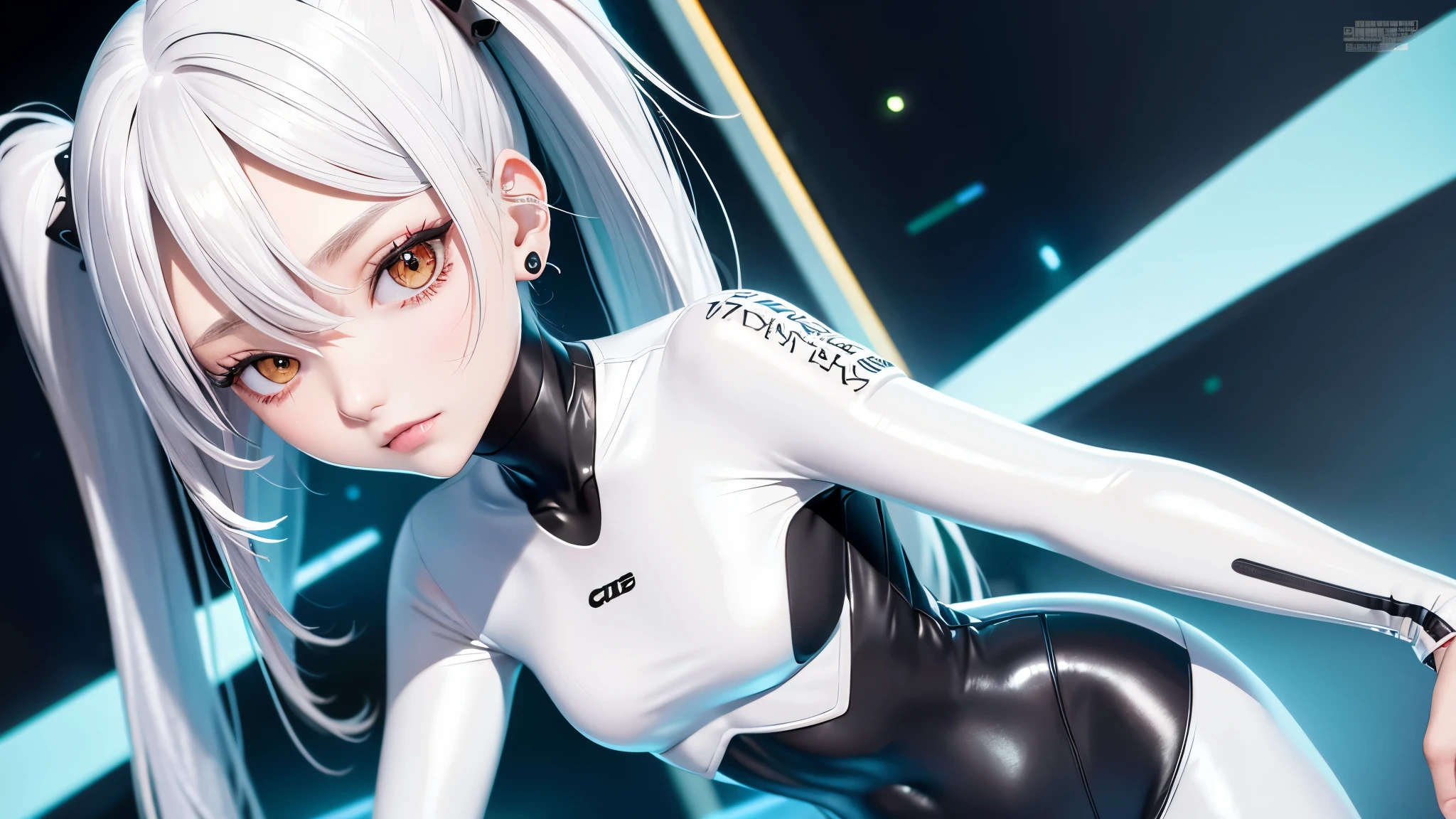 optimum,tmasterpiece,A high resolution,best qualtiy,hyper HD,super detailing,Award-Awarded,16k,独奏,((The upper part of the body)),((Bust)),anatomy correct,Beautiful cyberpunk girl,cute face,,Gradient Hair,Hairline,long eyelasher,Hanging eye corners,White skin of the,(small ),(Slim body),(( neon tightsuit )),(( city background),ear studs,(Neck strap),(Laser material clothing:1.2)